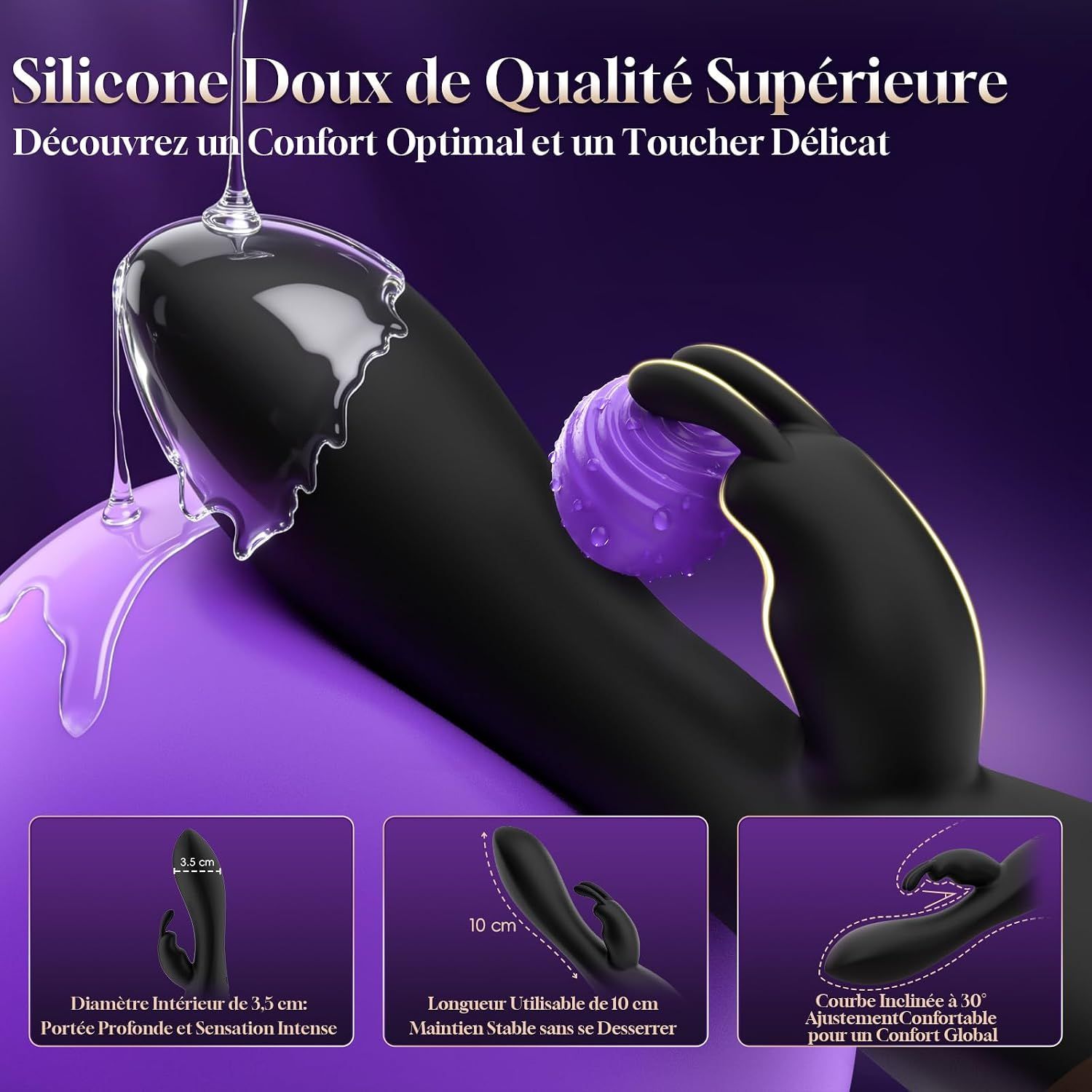 Vibrateur noir avec anneaux violets et une boule texturée.