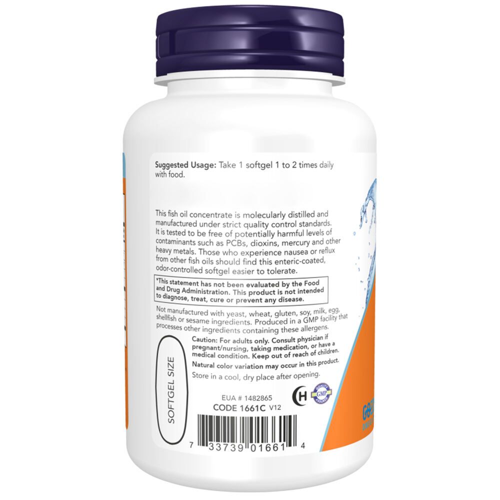 Dos du flacon. Contient les instructions d'utilisation et les avertissements. Marque : NOW. Texte : Softgel Size.