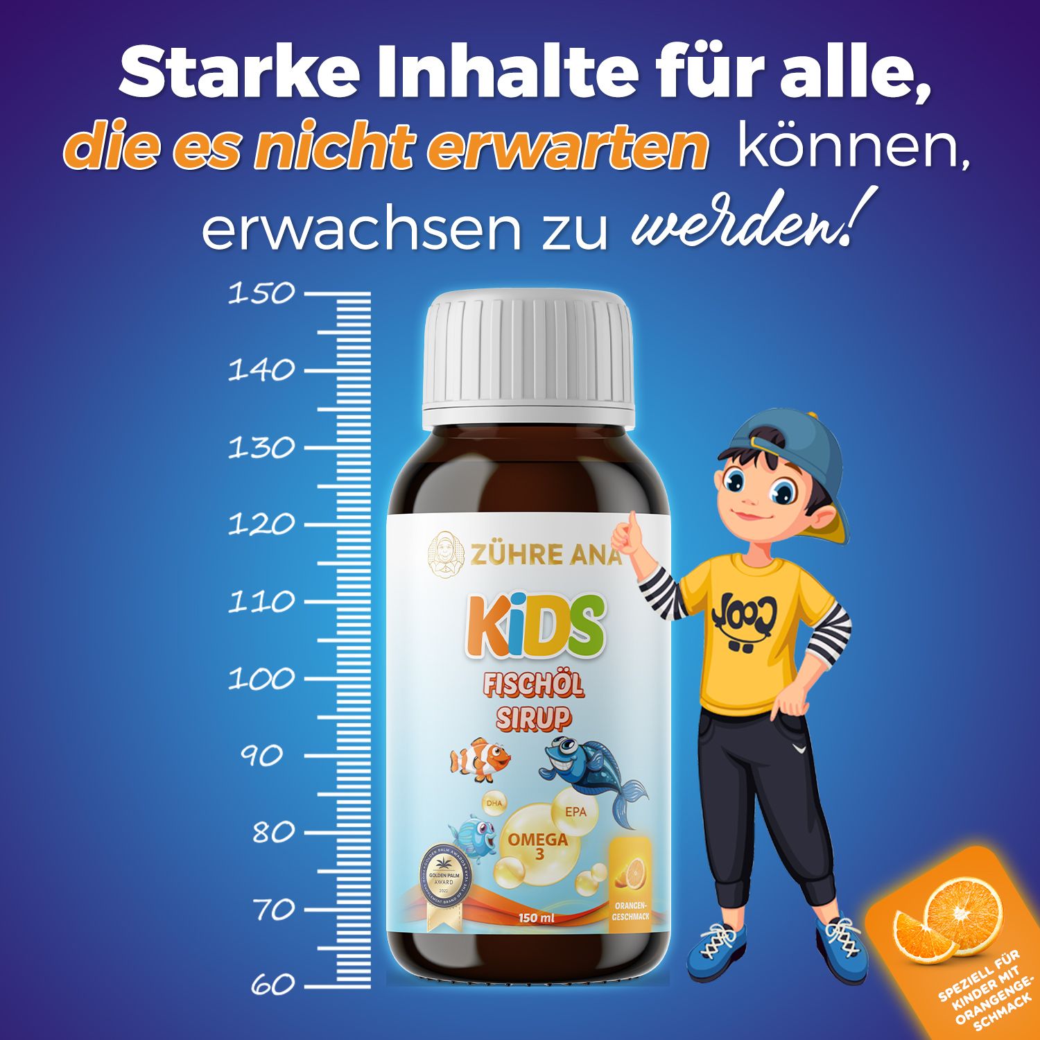 Zühre Ana Kids Fischöl Sirup fles naast een groeimeter met een jongen.