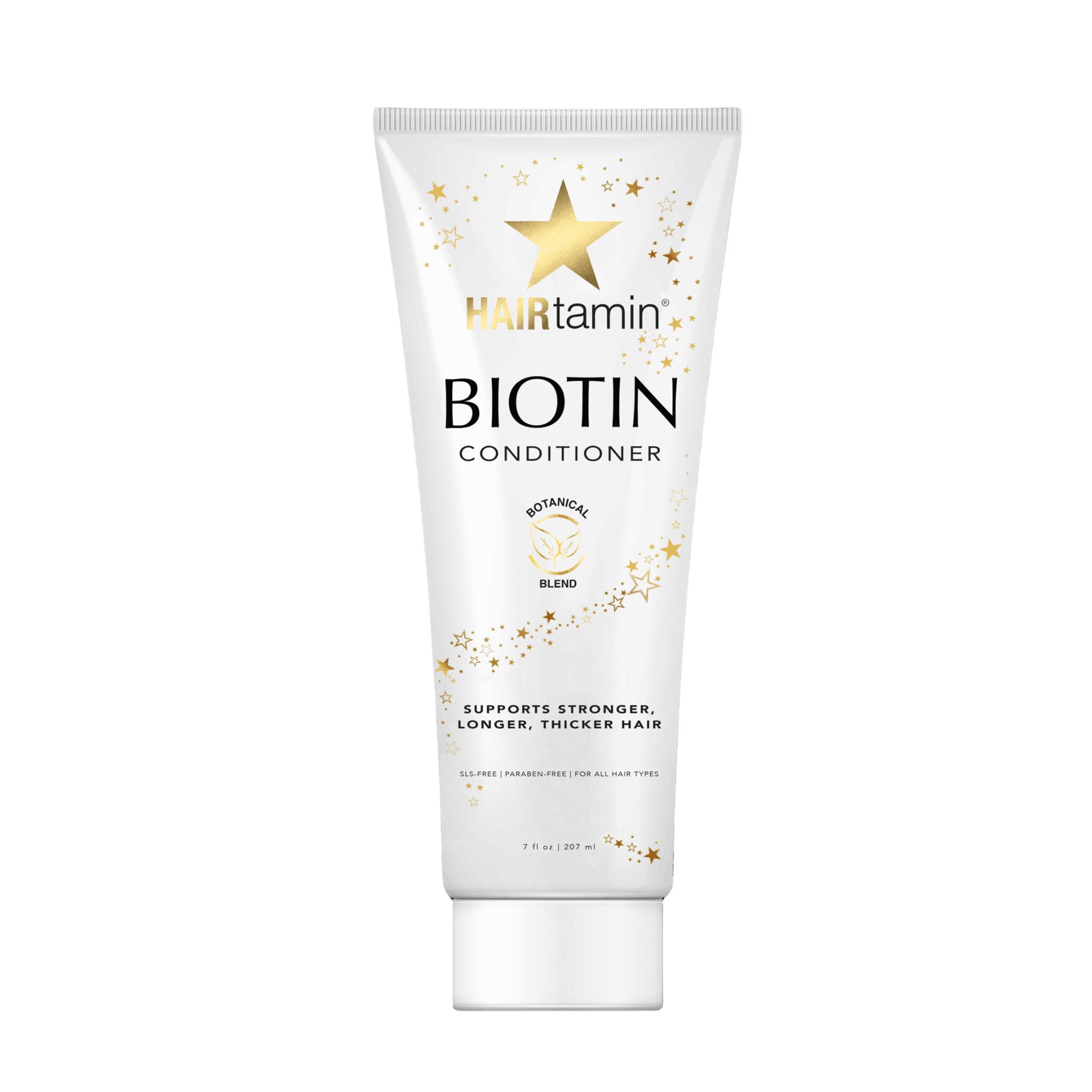 Tube blanche "HAIRtamin Biotin Conditioner". Étoiles et texte. 207 ml. "Botanical Blend". Pour tous types de cheveux.