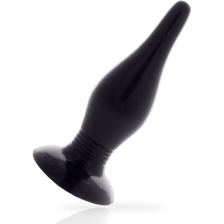 Plug anal noir brillant avec une base large et une tige côtelée.