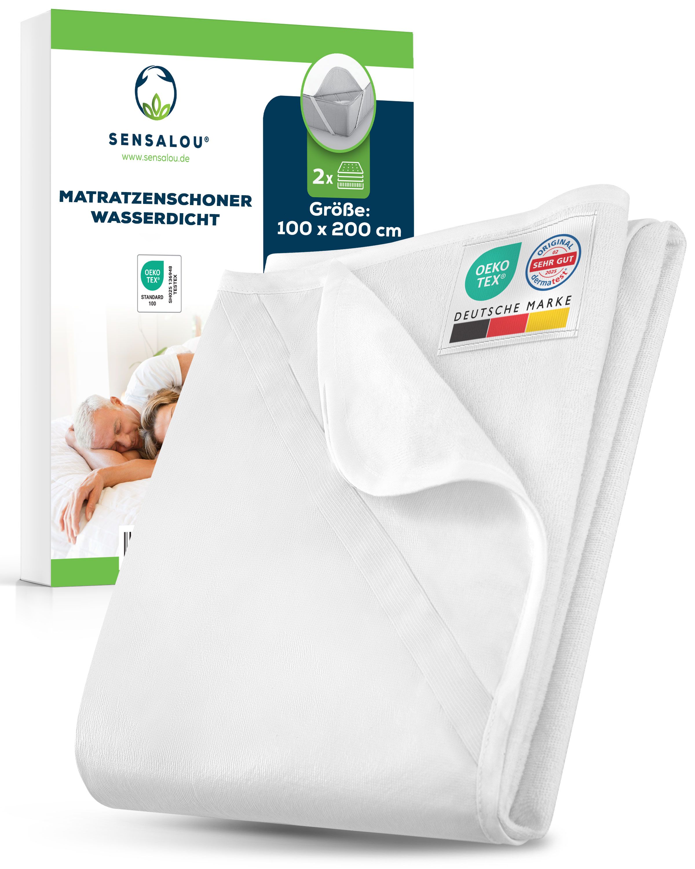 Protège-matelas blanc, imperméable, avec emballage. Dimensions 100 x 200 cm. Certification Oeko-Tex.