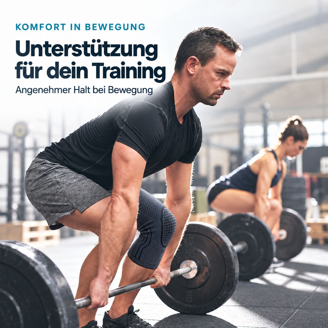 Man bij gewichtheffen met kniebandage. Ondersteuning voor training voor comfortabele grip tijdens beweging.