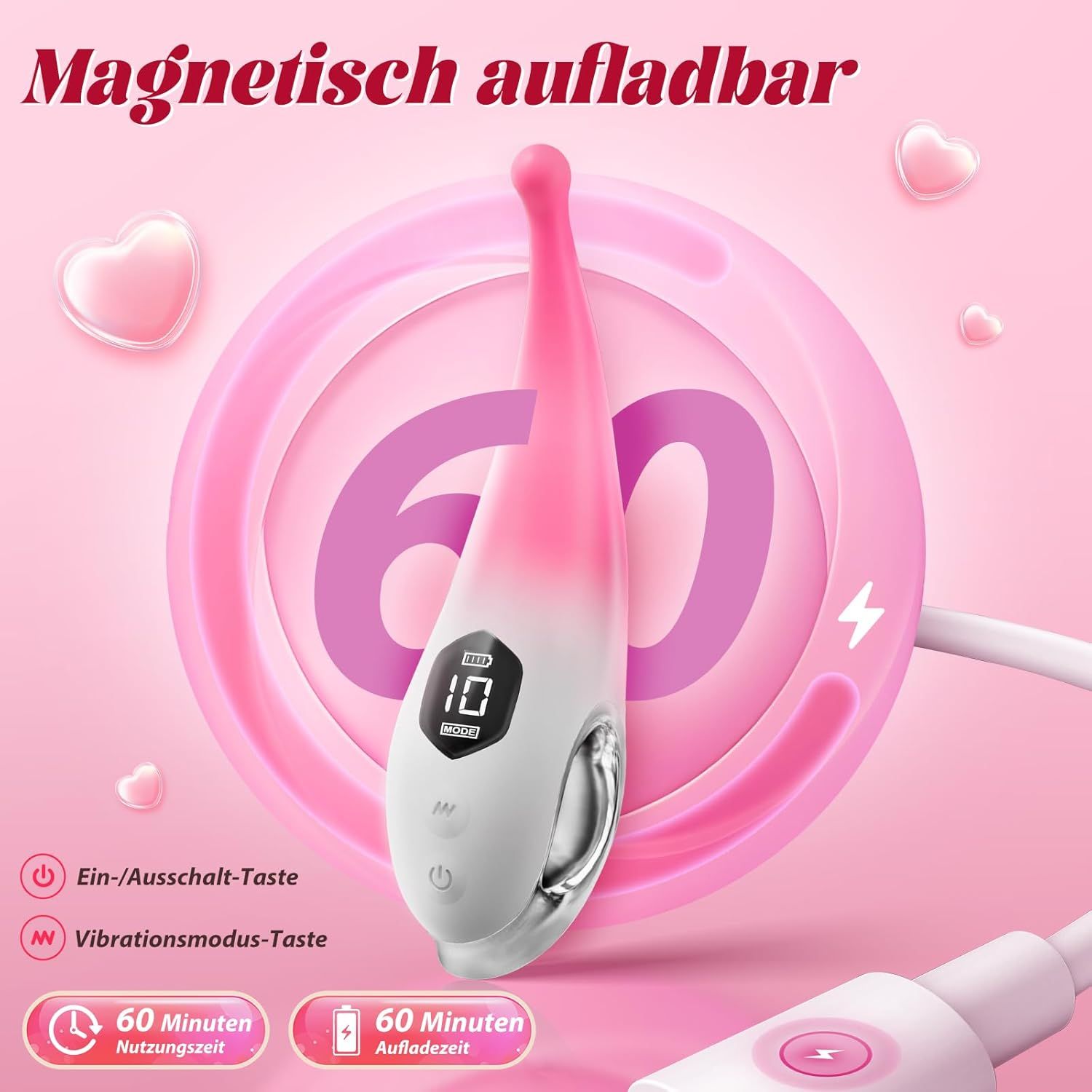 Vibrateur rose à chargement magnétique, avec 60 minutes d'utilisation et temps de charge indiqués.