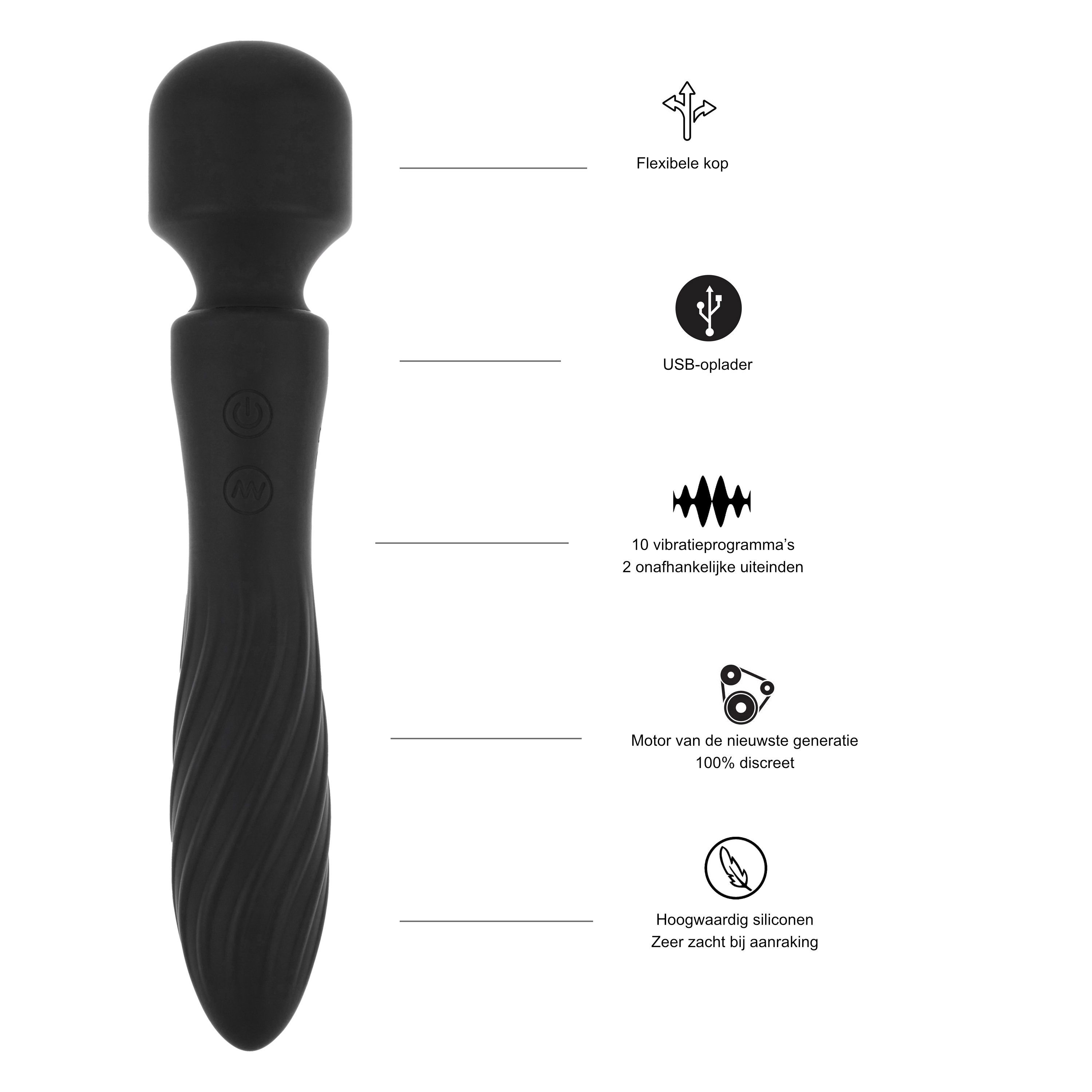 Zwarte vibrator met flexibele kop, USB-oplader, 10 vibratieprogramma's.