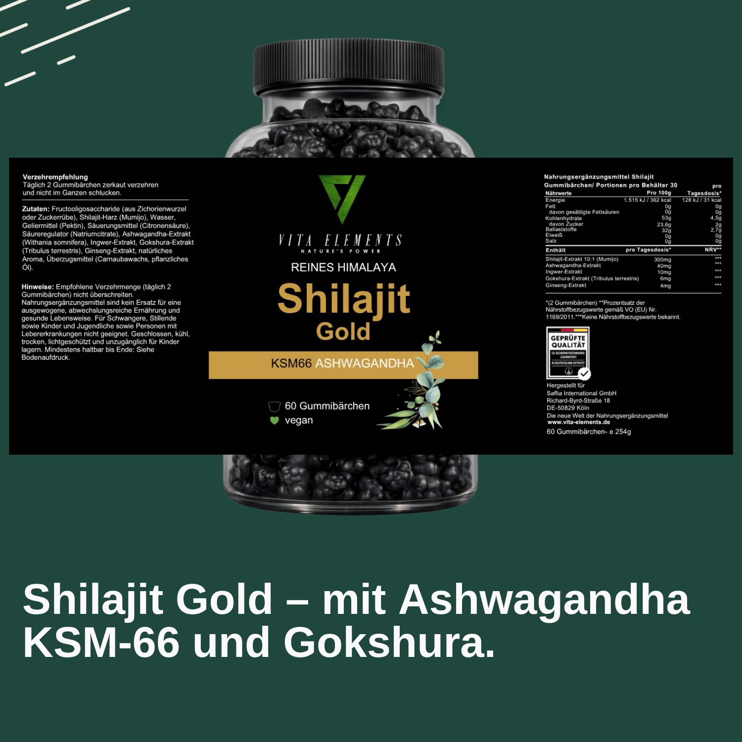 Bouteille d'oursons gélifiés Shilajit Gold vegan, 60 pièces, sans additifs.