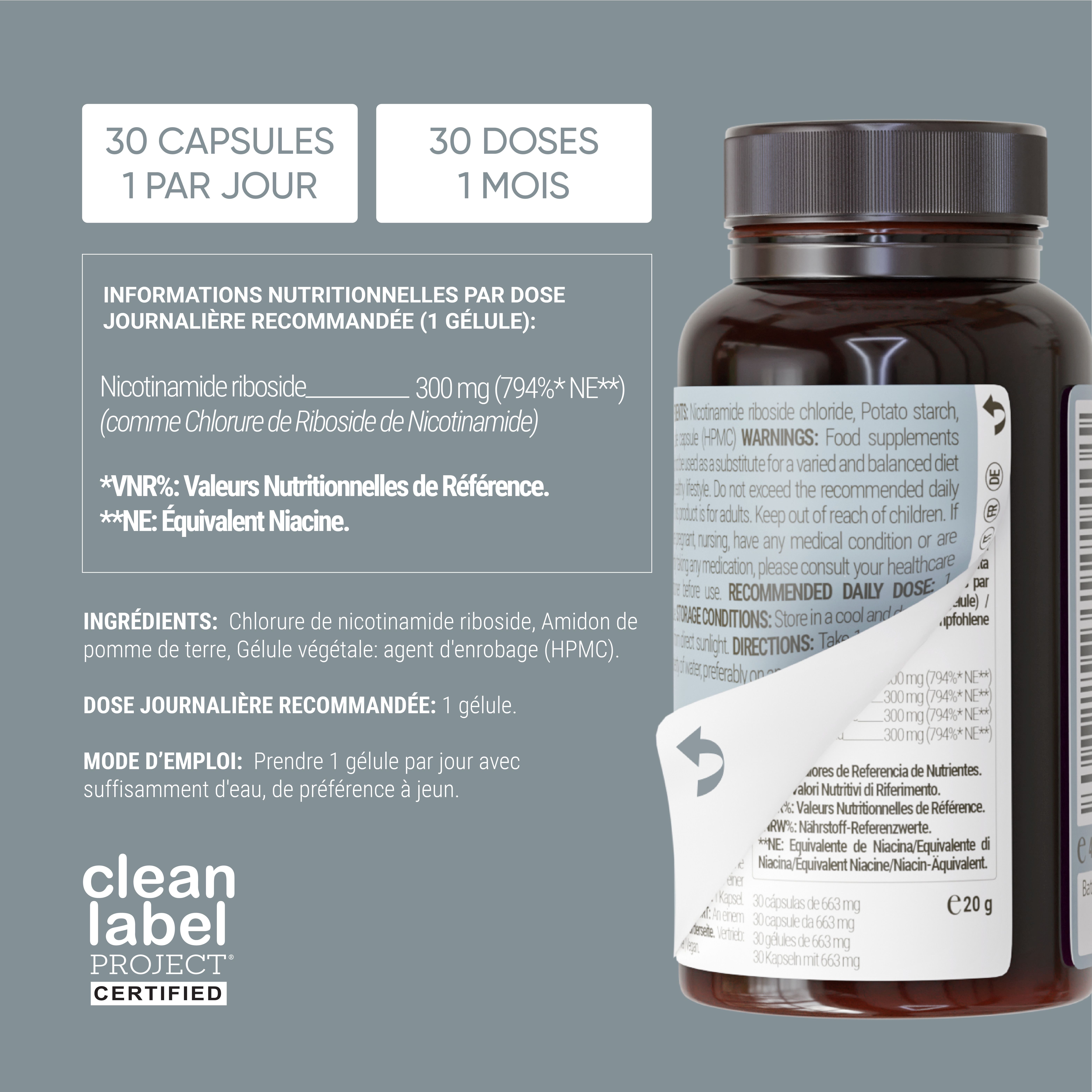 Bouteille de gélules de Nicotinamide Riboside, 30 doses. Informations nutritionnelles et ingrédients.