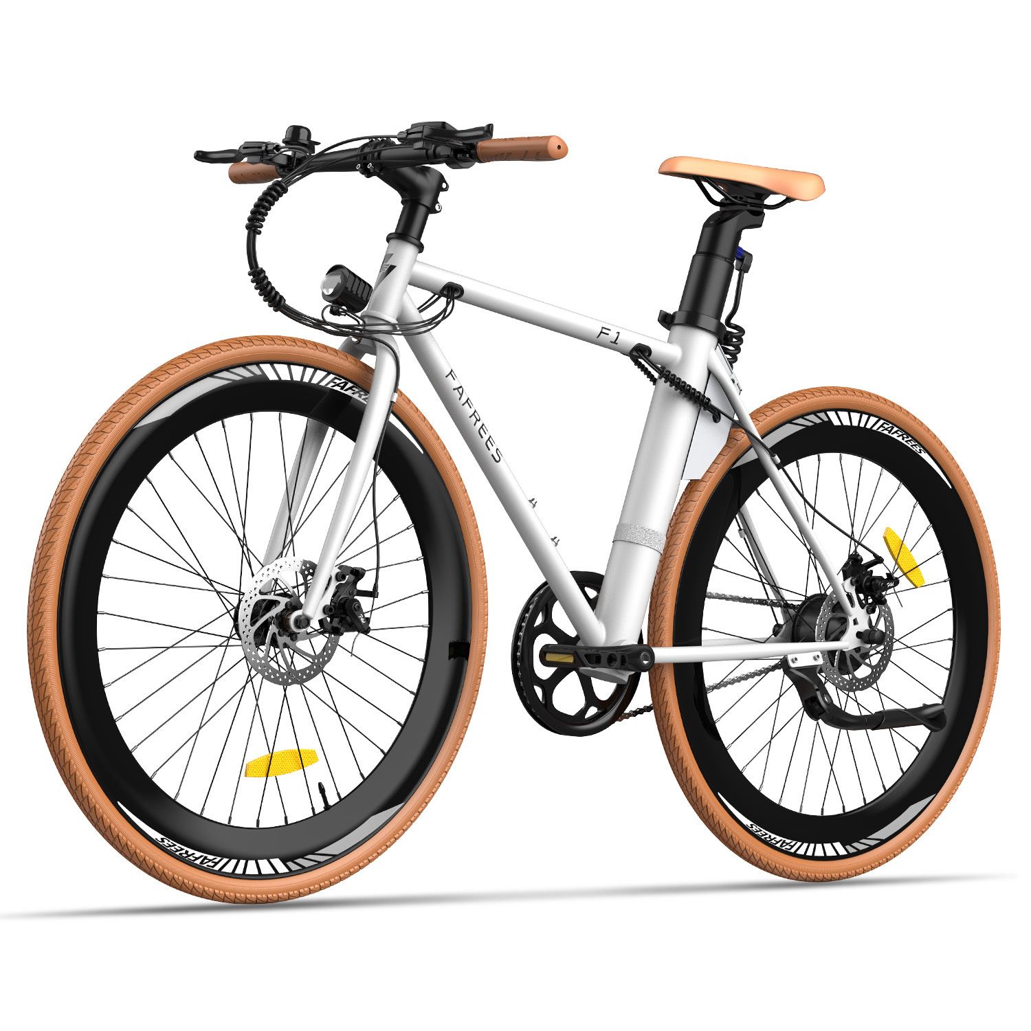 Vélo électrique Fafrees F1 blanc, pneus marron, selle marron. Guidon et selle en cuir. Le vélo est équipé d'un moteur électrique.