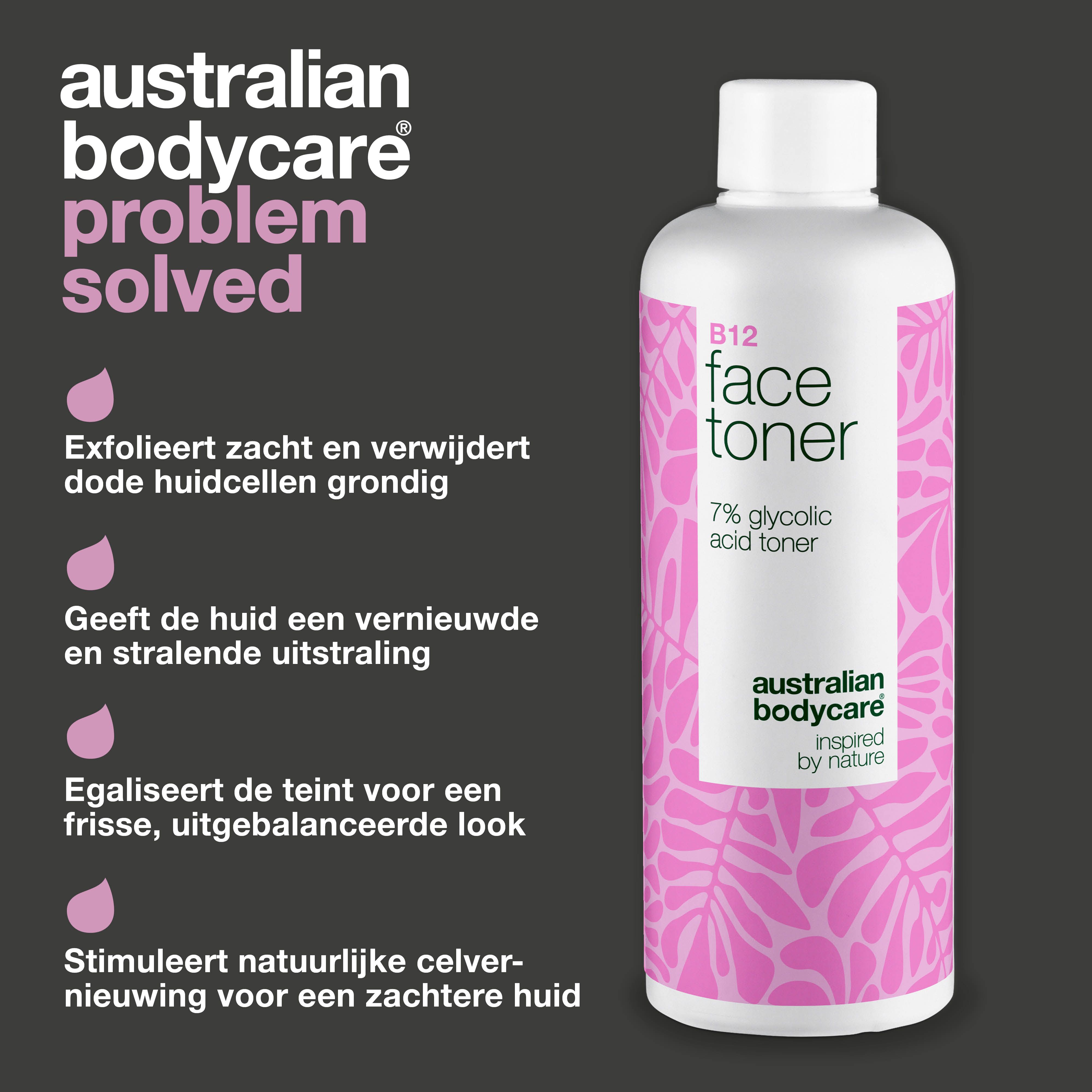 Fles B12 Face Toner. Tekst: Australian Bodycare, probleem opgelost. Tekst: Exfolieert zacht, vernieuwt de huid.