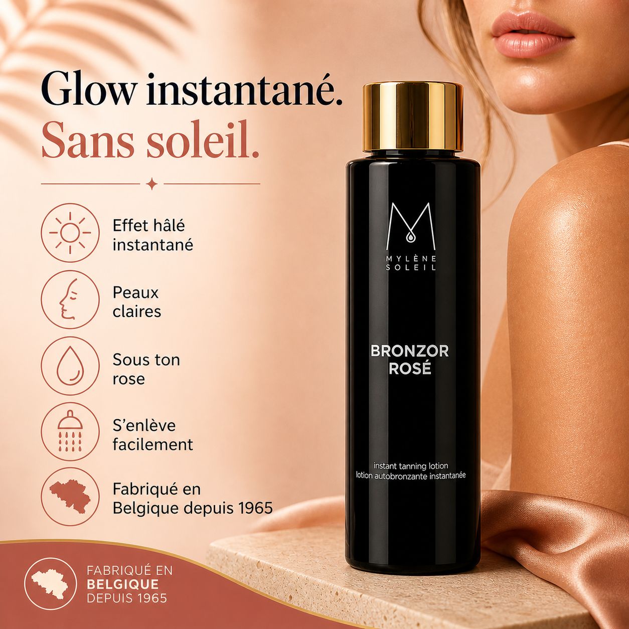 Flacon de produit avec icônes et texte. Texte: Bronzor Rosé, Instant Tanning Lotion, Fabriqué en Belgique depuis 1965.