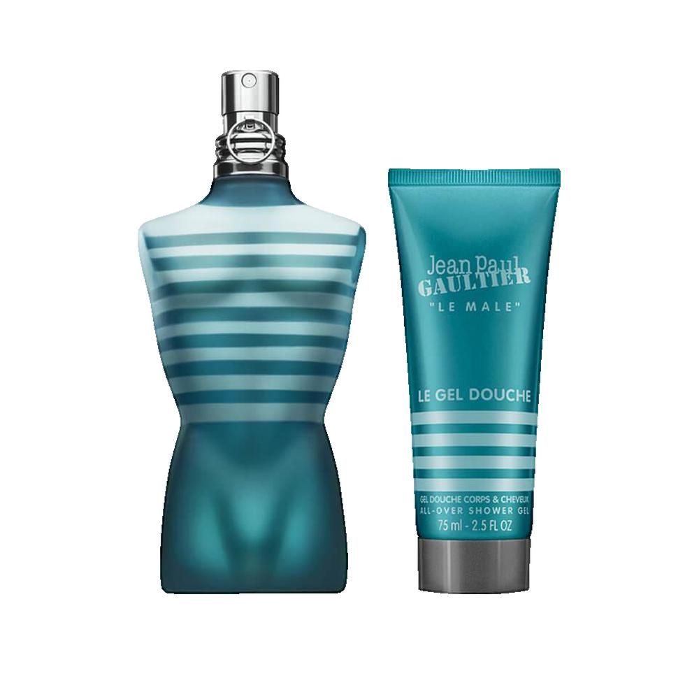 Fles en douchegel. Fles in de vorm van een torso, blauw-wit gestreept. Douchegel tube, blauw, met tekst.