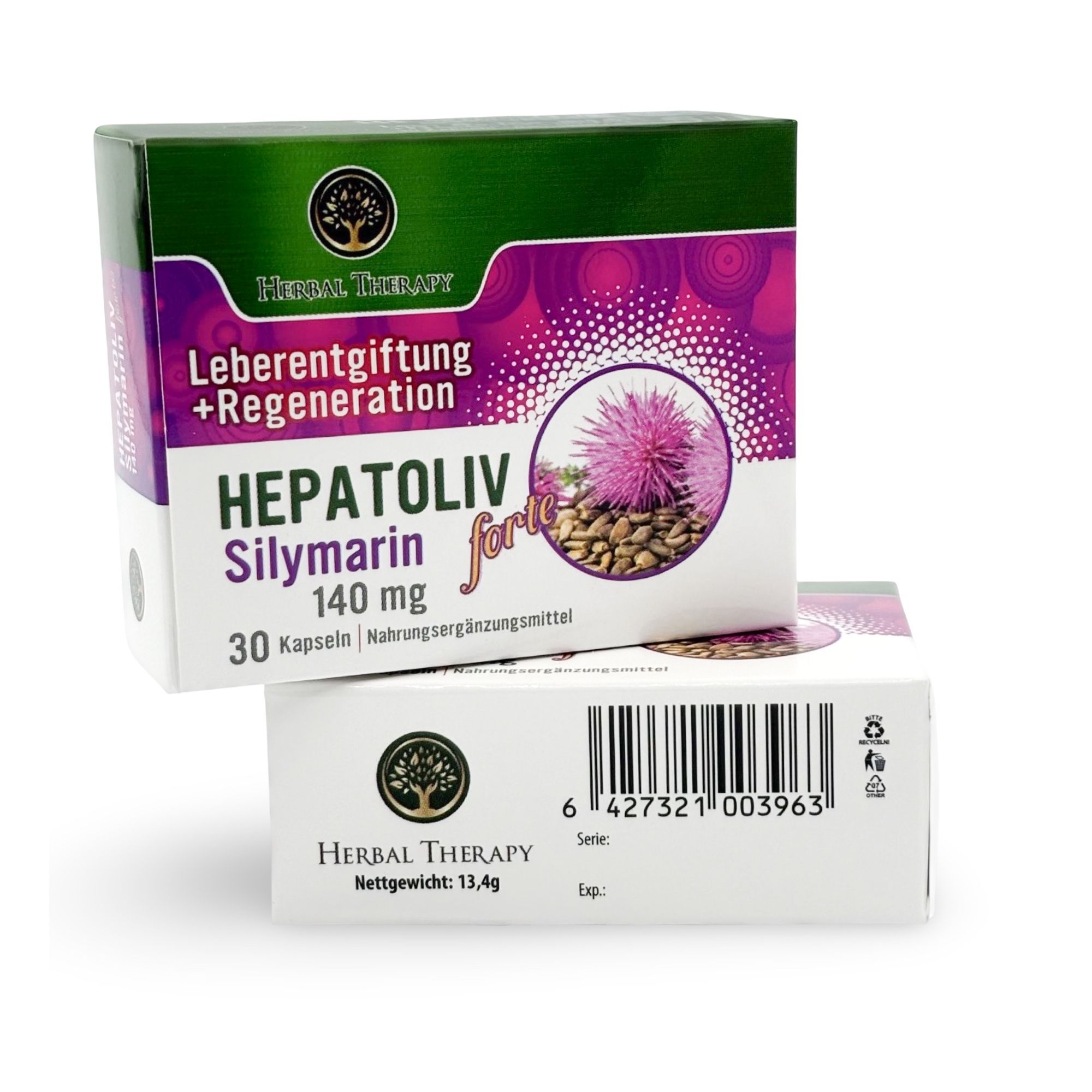 Twee doosjes HEPATOLIV Silymarin forte 140 mg. Opschrift: Leverontgifting + Regeneratie. 30 capsules.
