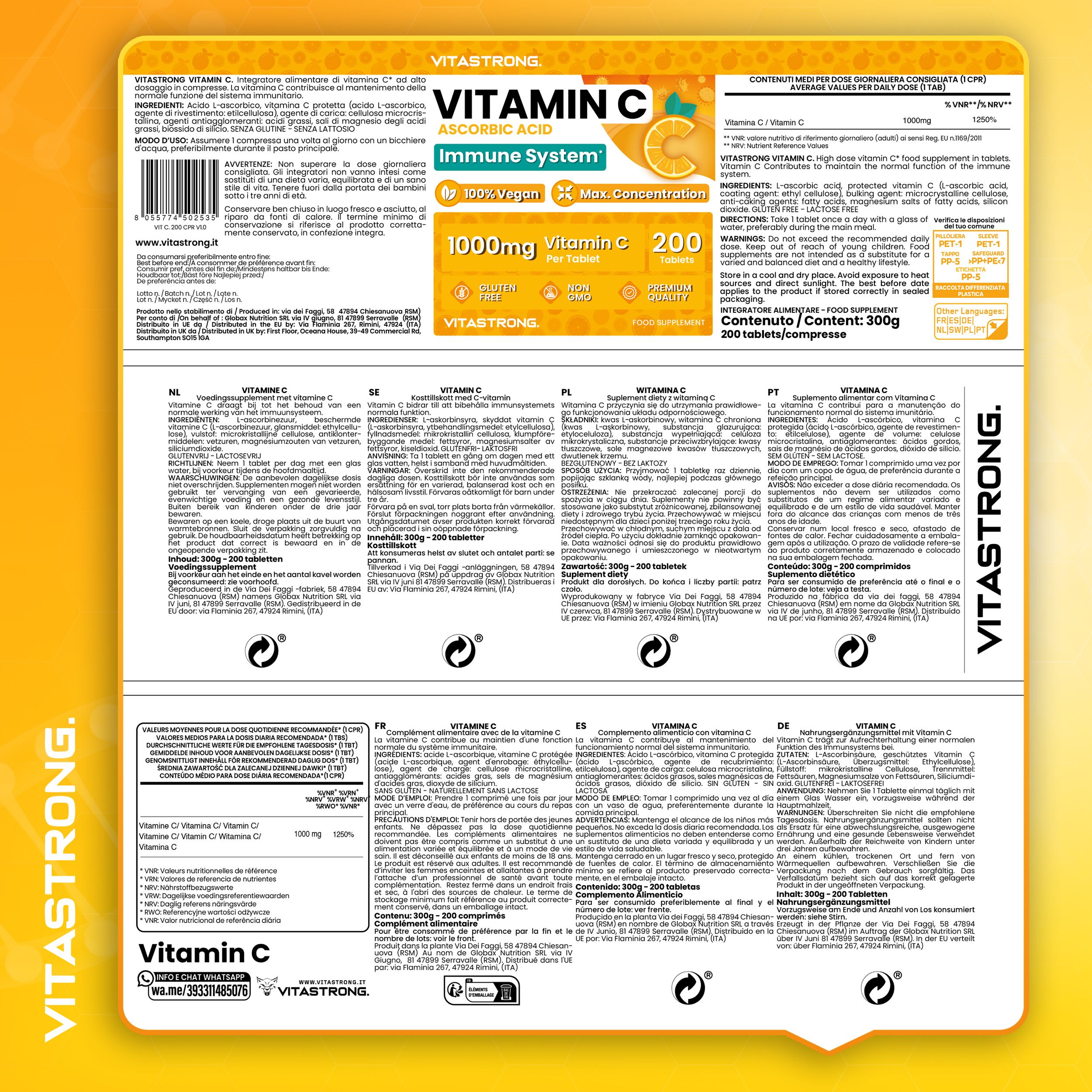Achterkant van de Vitastrong Vitamine C tabletten verpakking. Tekst in meerdere talen. 200 tabletten, 1000mg. Tekst: Ascorbinezuur, immuunsysteem.