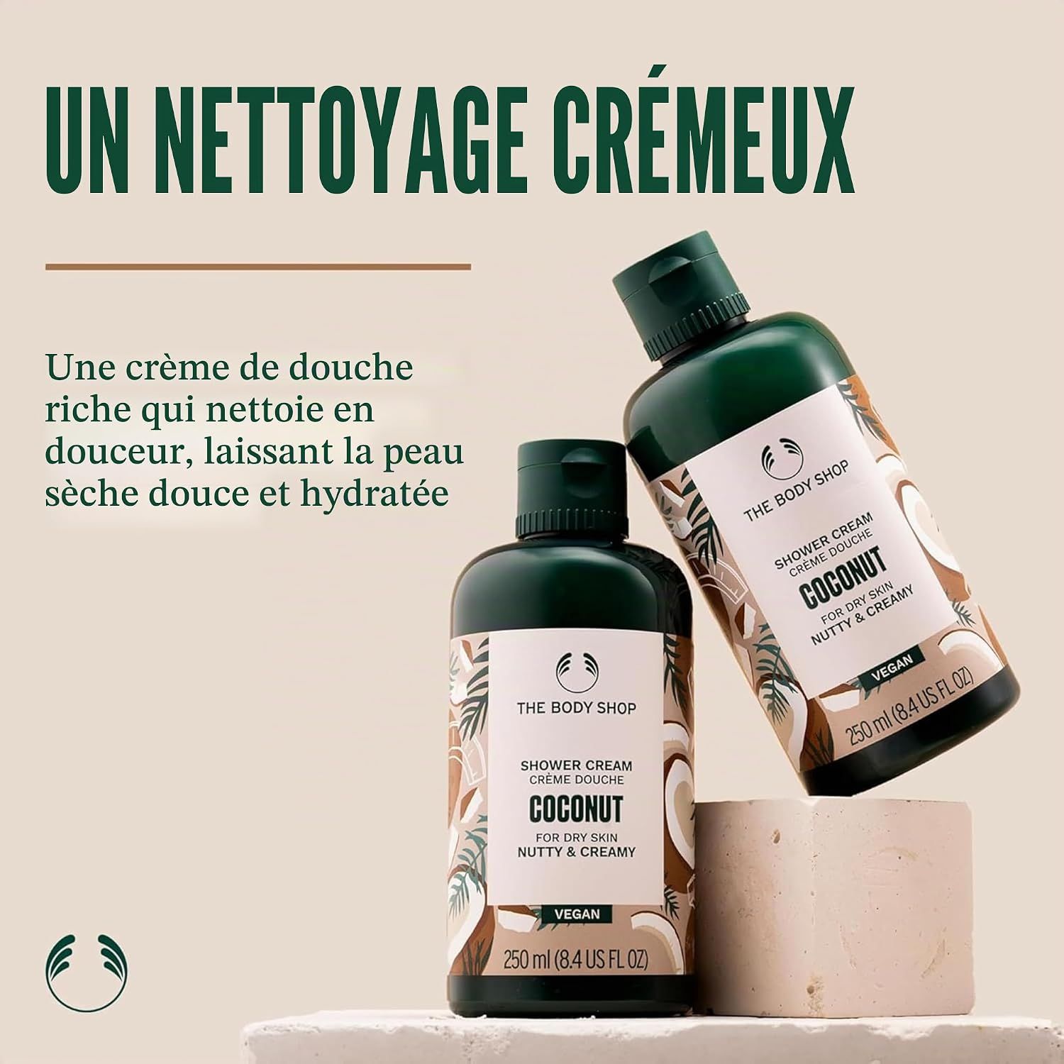 Deux flacons The Body Shop Crème Douche Coco, 250 ml.