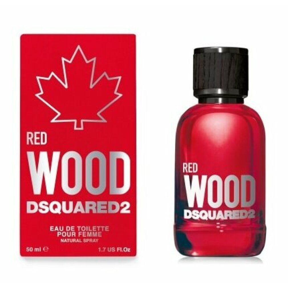 Flacon et boîte rouges. Inscription: Red Wood, Dsquared2. Flacon avec bouchon noir. Boîte avec logo feuille d'érable.