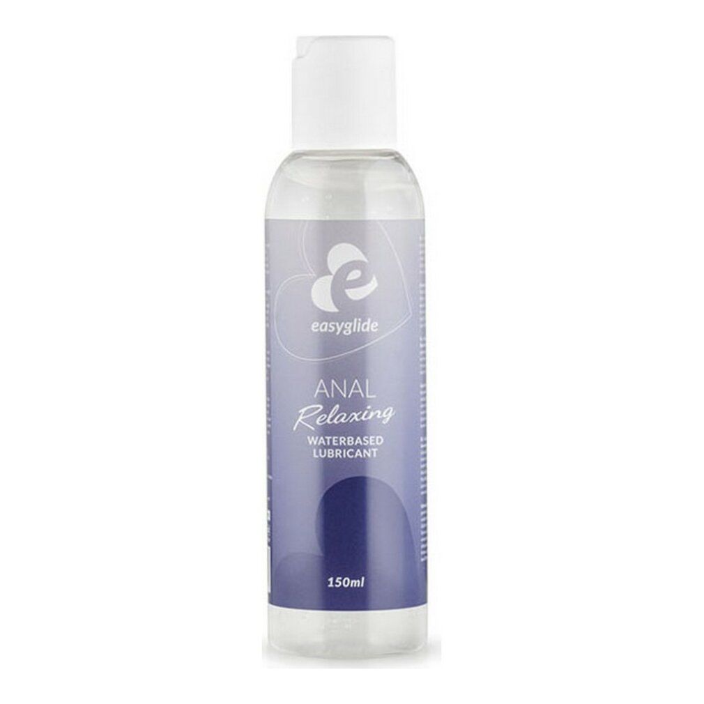 Transparante fles met witte dop. Etiket met "easyglide", "ANAL Relaxing" en "WATERBASED LUBRICANT".