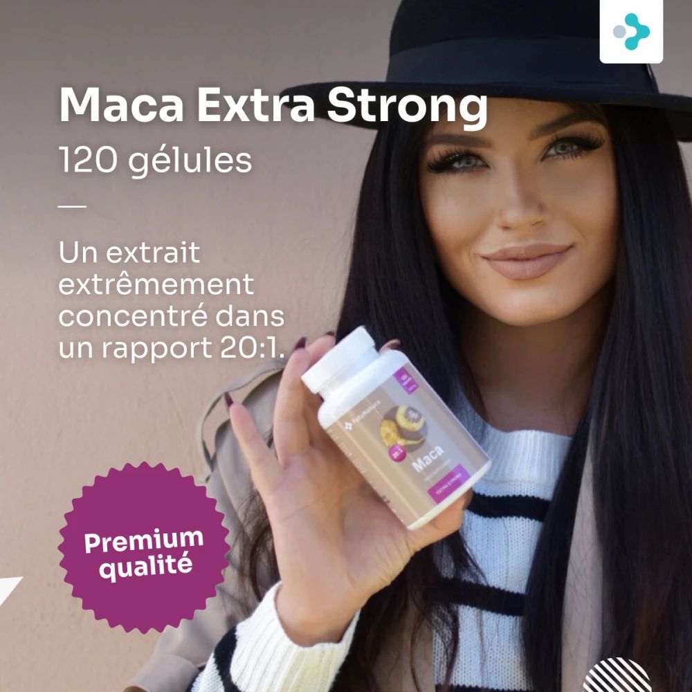 Femme tenant un flacon de Maca Extra Strong. Inscription : Maca Extra Strong, 120 gélules. Texte : Qualité supérieure.