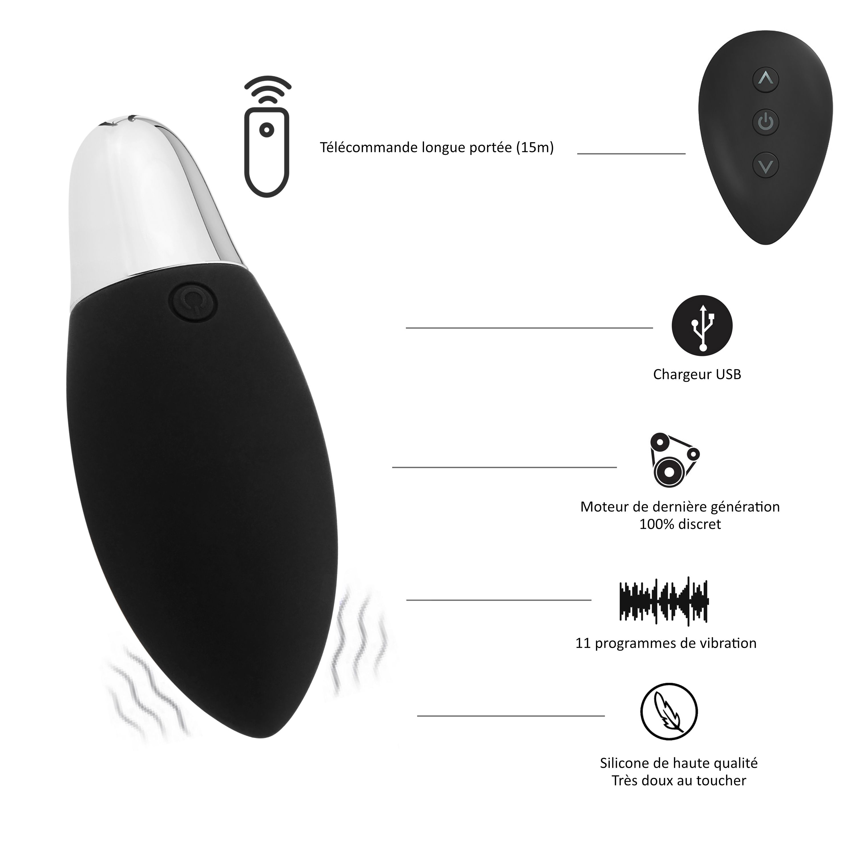 Vibrateur noir avec télécommande, chargeur USB, 11 programmes de vibration.