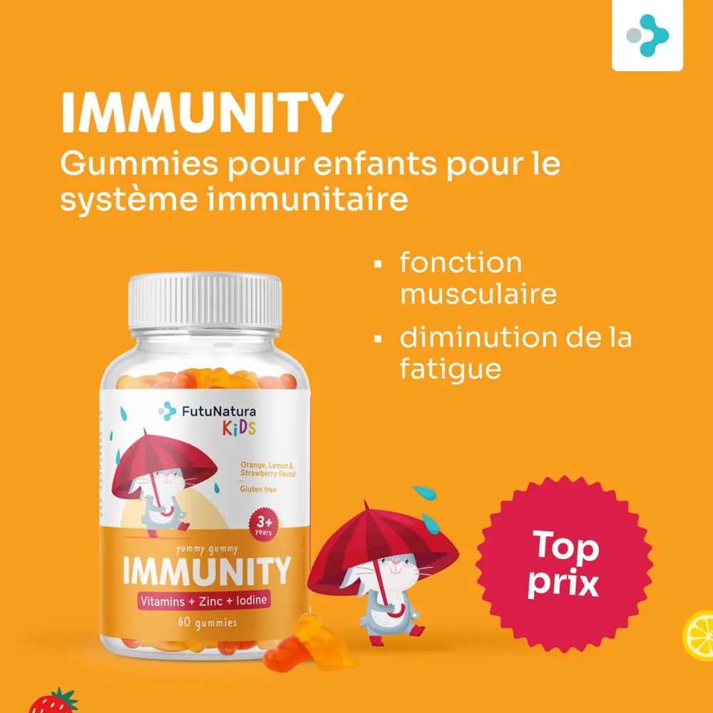 Flacon de gummies, texte: IMMUNITY, Gummies pour enfants. Logo FutuNatura KIDS. Informations supplémentaires: fonction musculaire, réduction de la fatigue.