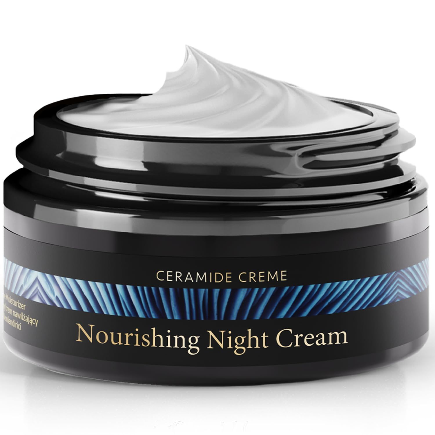 Crème de nuit nourrissante aux céramides. Pot avec crème fouettée.