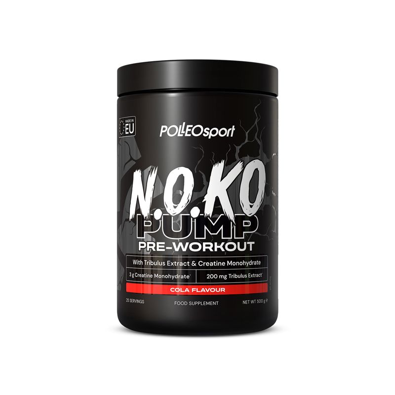 Zwarte pot met witte tekst N.O.KO PUMP PRE-WORKOUT. Bevat Tribulus Extract & Creatine Monohydraat. Cola smaak.