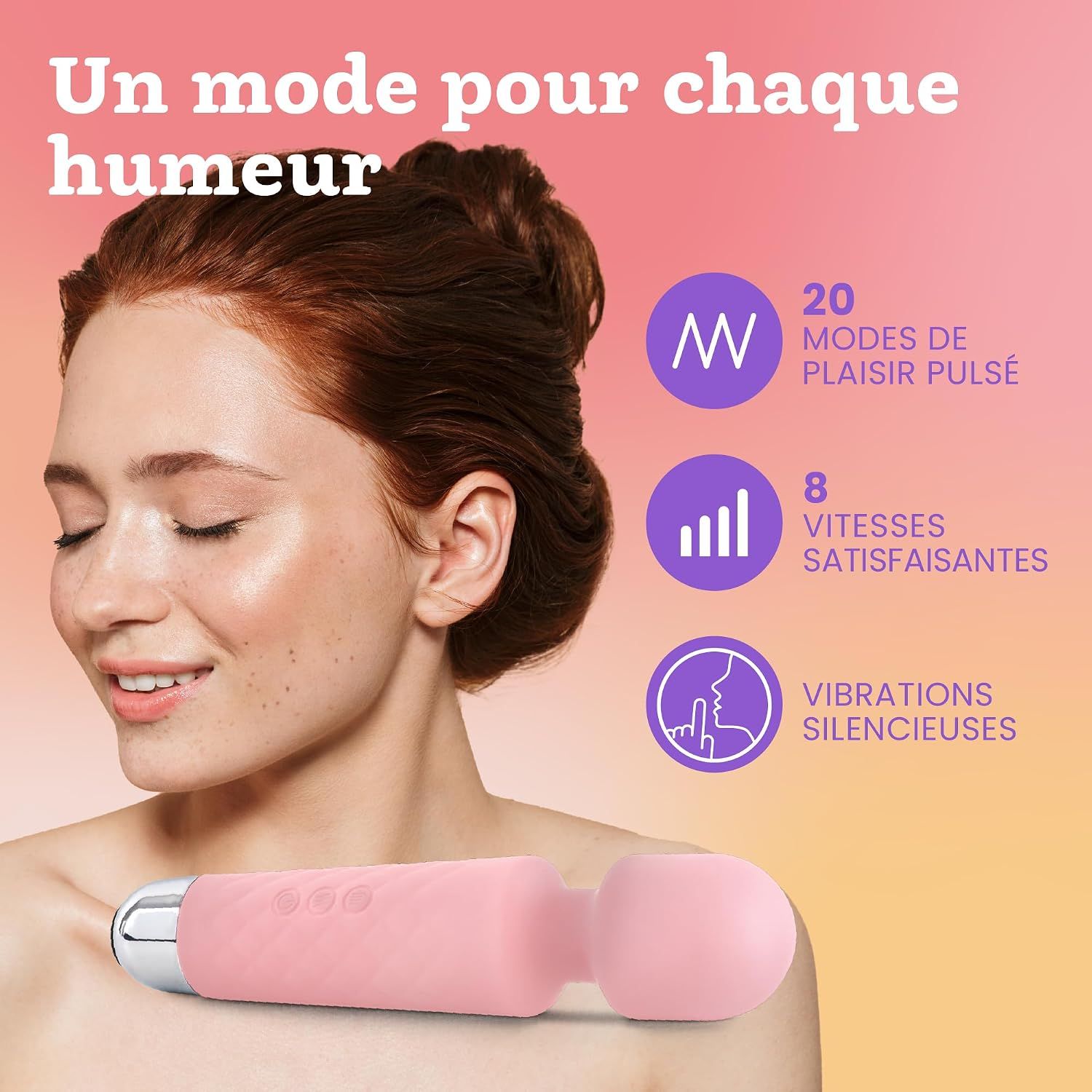 Un vibromasseur rose avec manche et commandes argentés. Offre 20 modes de pulsation et 8 vitesses.