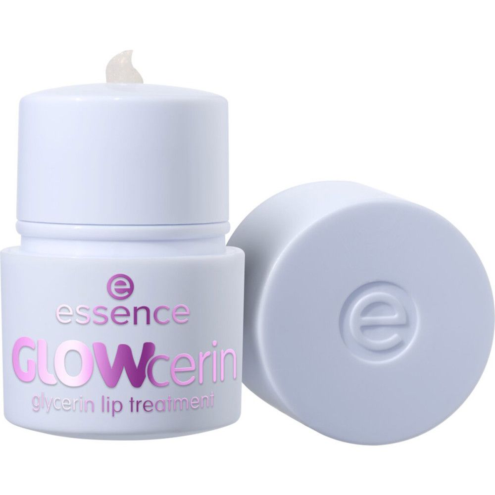 Contenant blanc, couvercle à côté. Inscription rose: "essence GLOWcerin glycerin lip treatment".