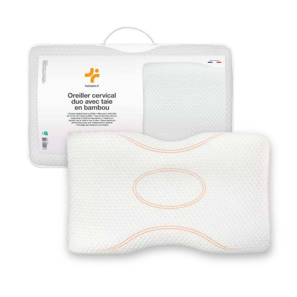 Ergonomisch kussen met bamboehoes. Wit, in verpakking. Handvat. Tekst.