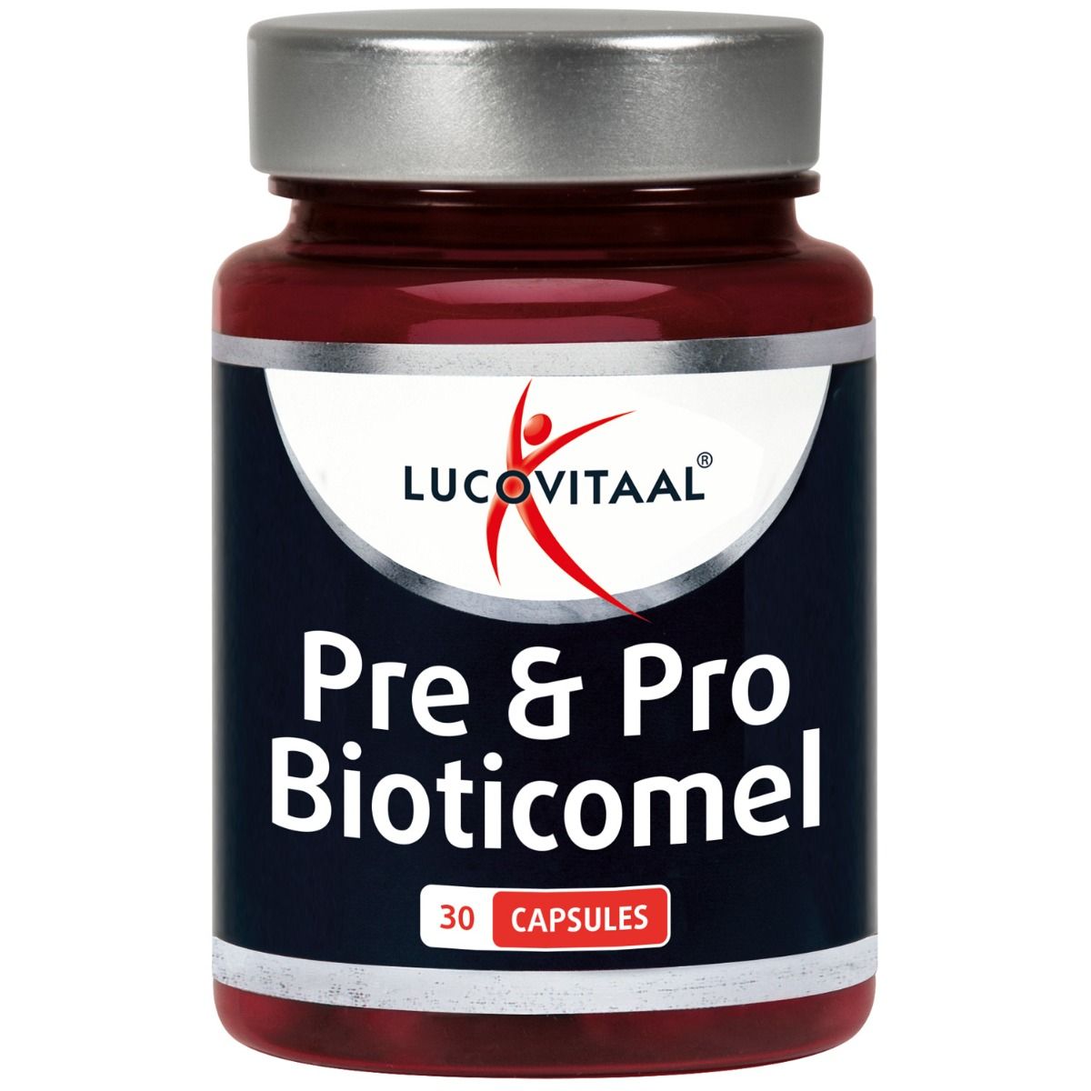 Bruine fles met zilveren dop. Opschrift: "Lucovitaal Pre & Pro Bioticomel". Bevat 30 capsules. Zwarte achtergrond met witte tekst.
