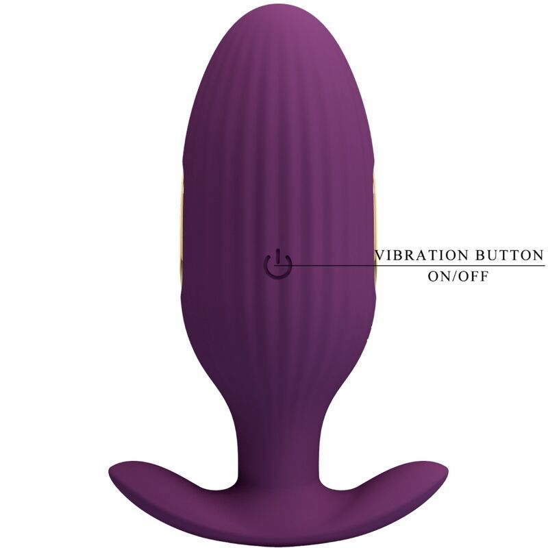 Paarse geribbelde anale plug, aan/uit-knop met "ON/OFF" label.