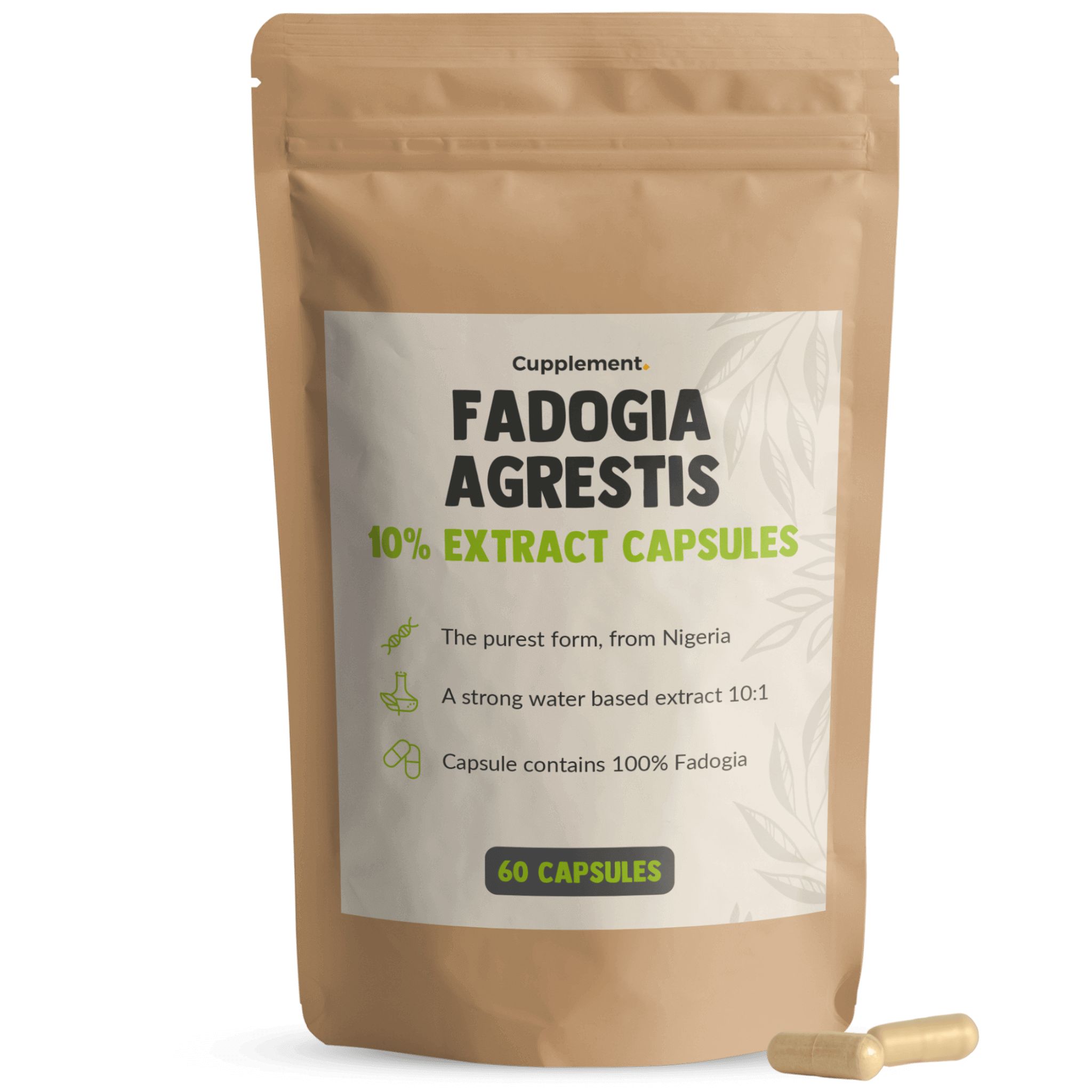 Zakje met capsules. Opschrift: Fadogia Agrestis 10% extract capsules. 60 capsules. Twee capsules ernaast.