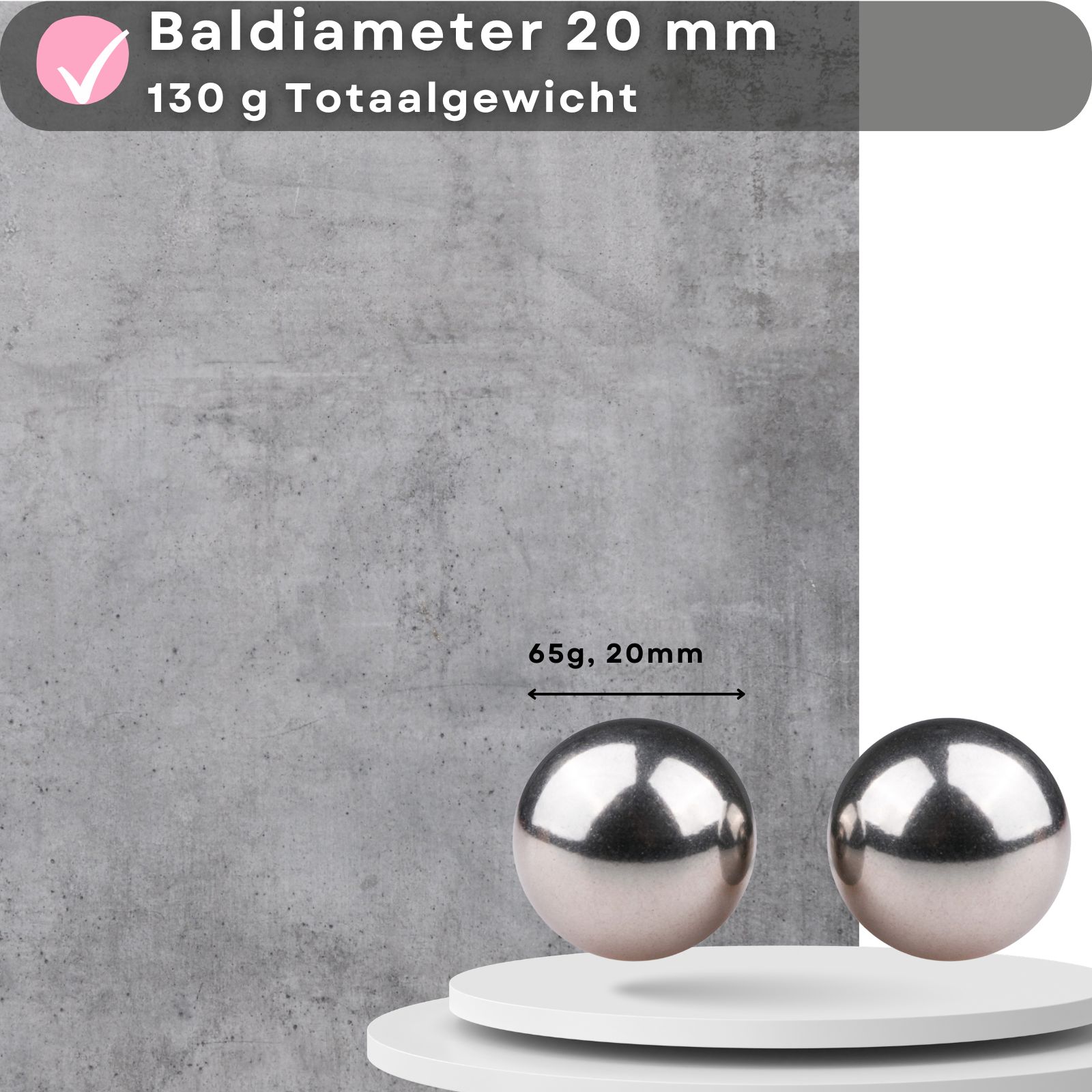 Twee metalen ballen. Paar op hand. Paar op bed. Tekst: Roestvrijstalen ballen.