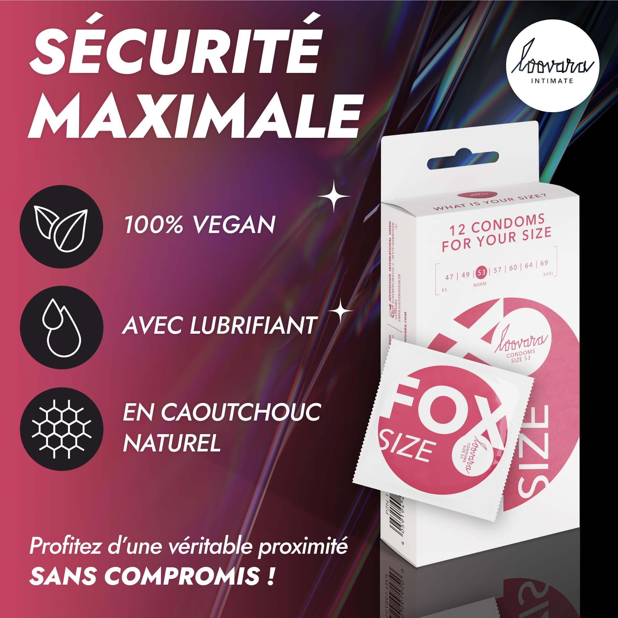 Boîte de 12 préservatifs Loovara, vegan, avec lubrifiant, en caoutchouc naturel.