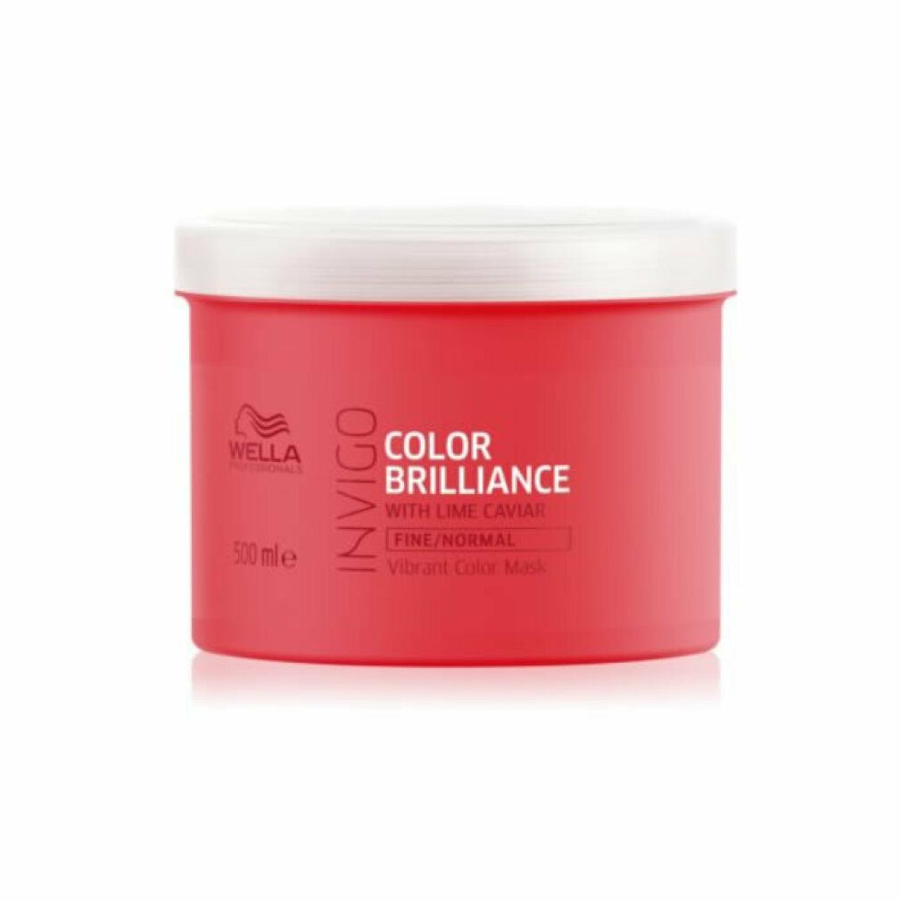 Ronde, rode pot met witte deksel. Opschrift: Invigo Color Brilliance, 500 ml. Merk: Wella Professionals.