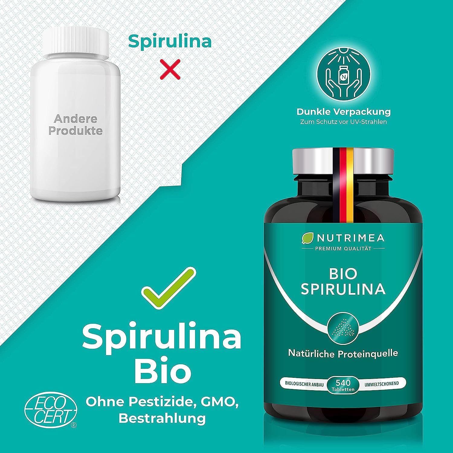 Vergelijking van Spirulina Bio en andere producten. Spirulina Bio fles met etiket. ECO CERT zegel. Tekst: Zonder pesticiden, GGO, bestraling.