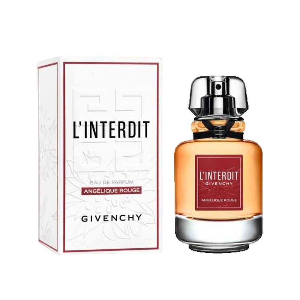 Parfumfles naast witte doos. Opschrift: L'Interdit, Givenchy, Angelique Rouge. Fles met rood etiket, zilveren dop.