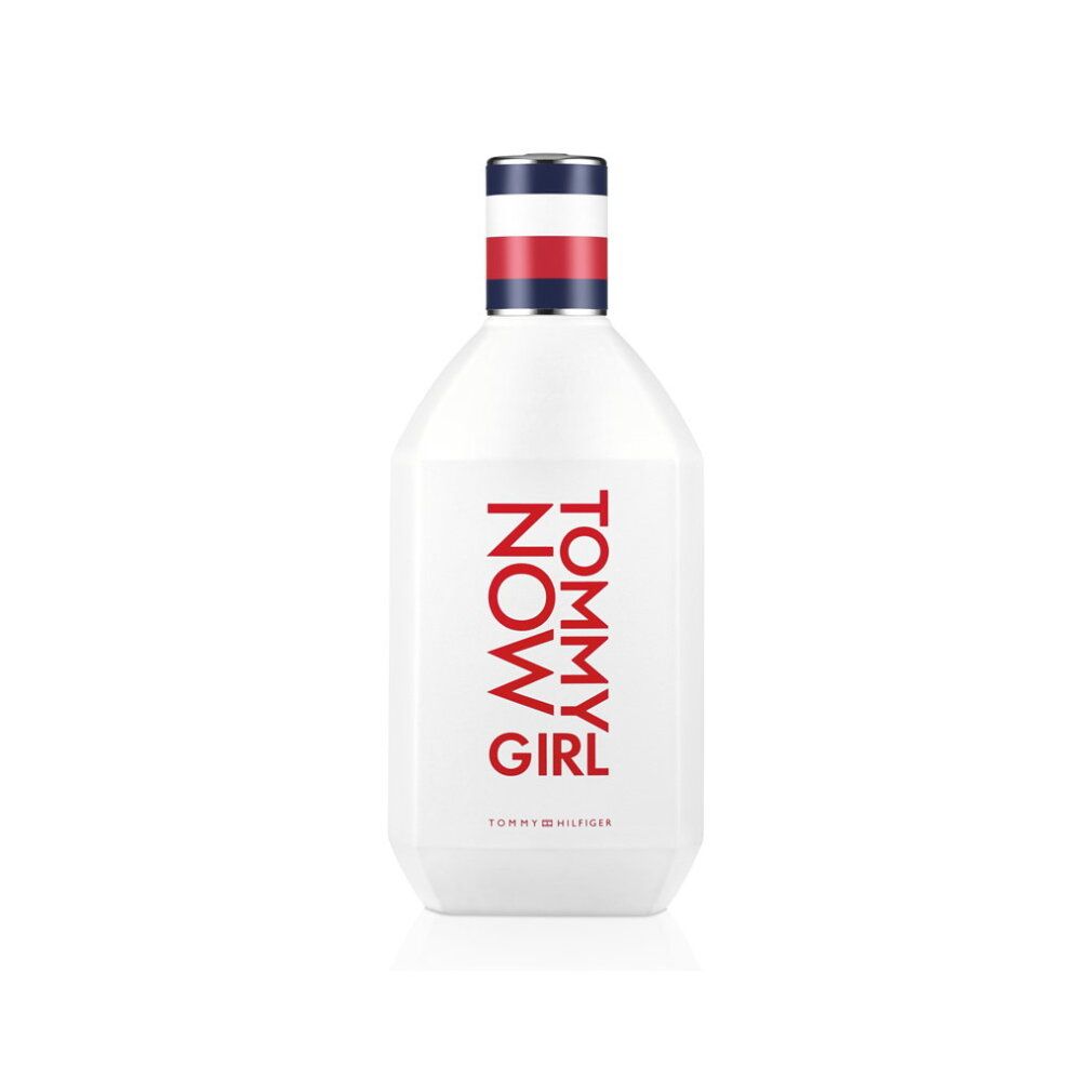 Flacon de parfum Tommy Hilfiger Tommy Now Girl avec inscriptions rouges et bleues sur fond blanc.