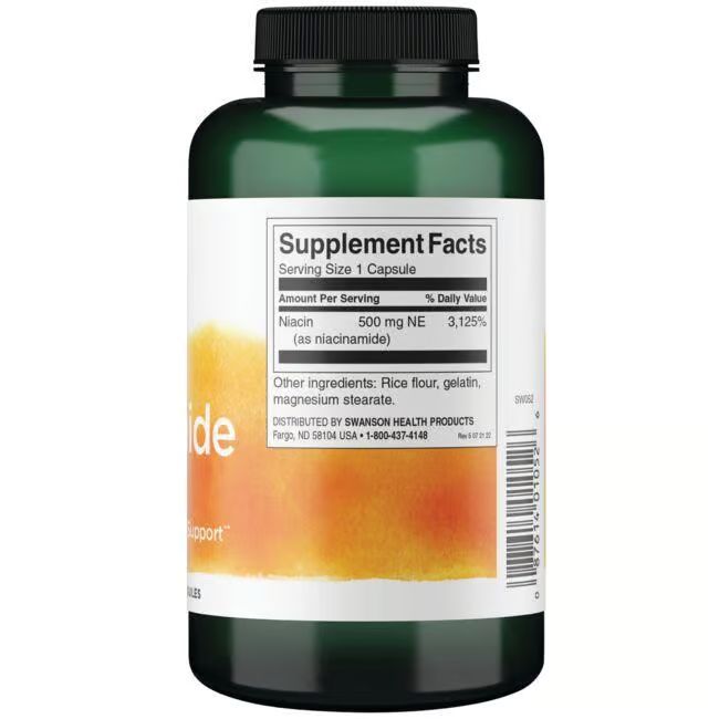 Vue arrière d'un flacon vert. Étiquette blanche avec informations nutritionnelles. Contient de la niacine (sous forme de niacinamide).