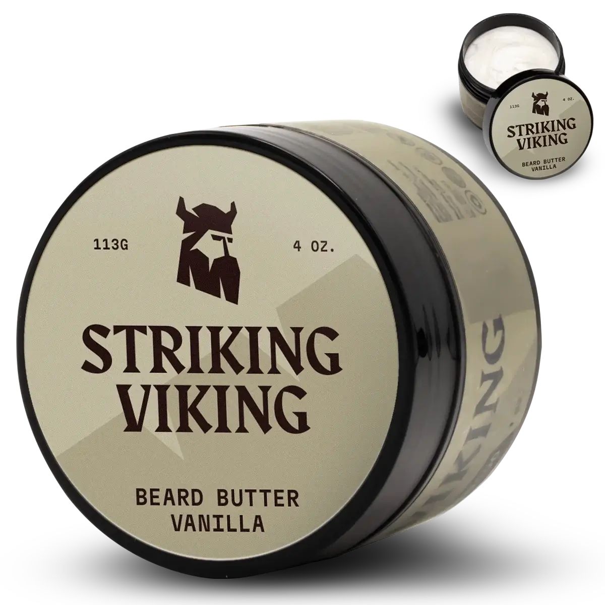 Ronde pot baardboter. Opschrift: STRIKING VIKING, BEARD BUTTER VANILLA. Bevat 113g/4 oz. Deksel met logo en productnaam.