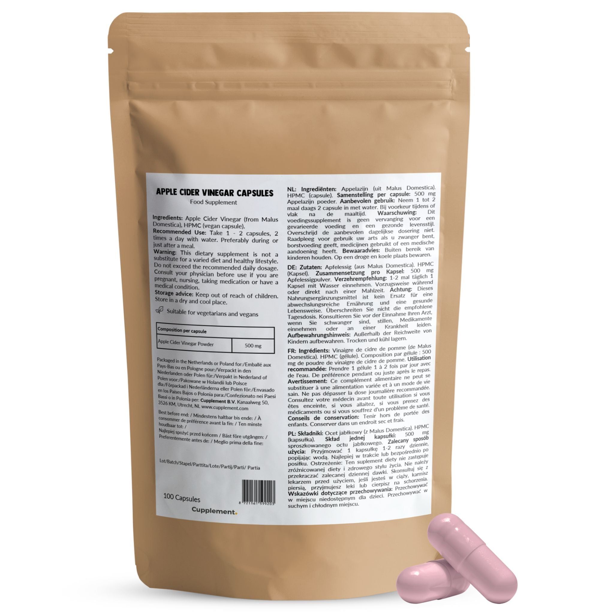 Sachet de capsules. Texte: Apple Cider Vinegar Capsules. 500 capsules. Capsules roses à côté.
