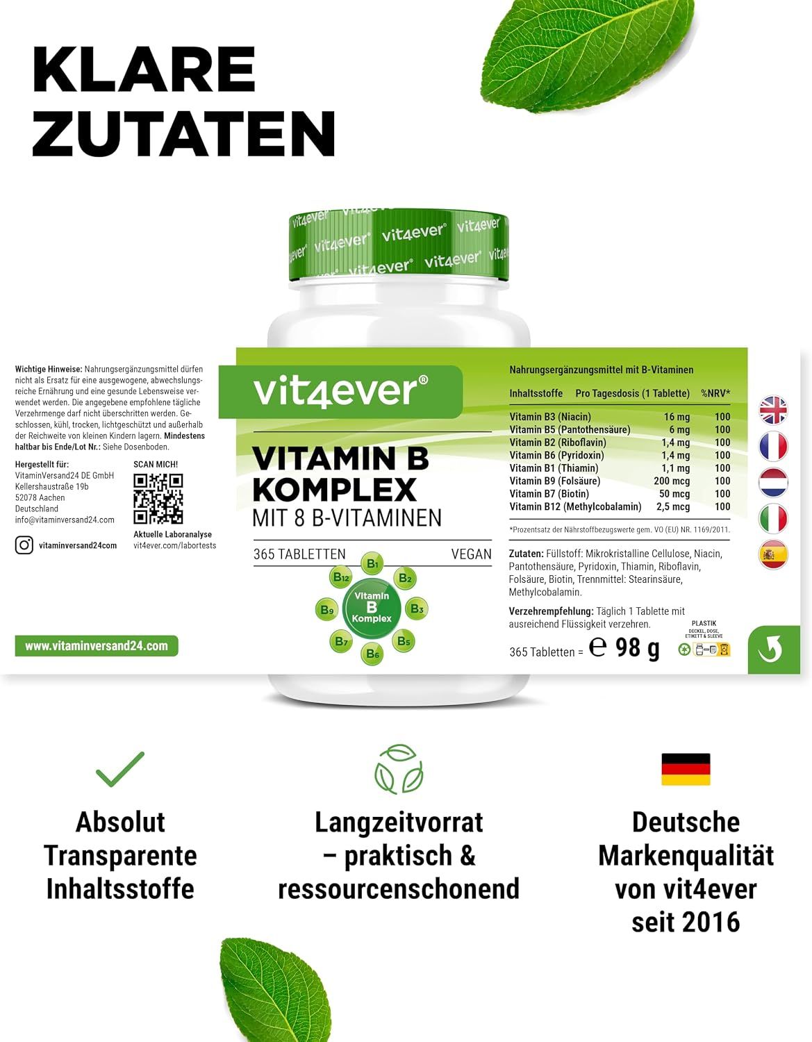 Vit4ever Vitamine B Complex: Ingrediëntenoverzicht met Niacine, B1, B2, B3, B5, B6, B7, B9, B12.