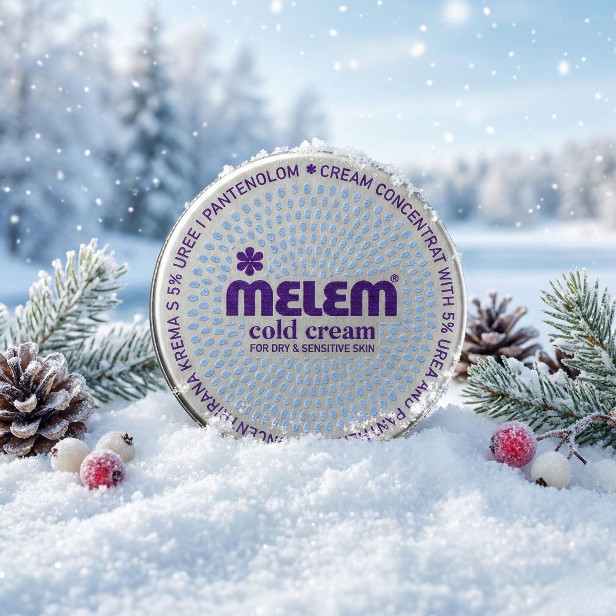 Boîte ronde Melem Cold Cream dans la neige. Texte : 5% Urée & Panthénol, Cream Concentrat, For Dry & Sensitive Skin.