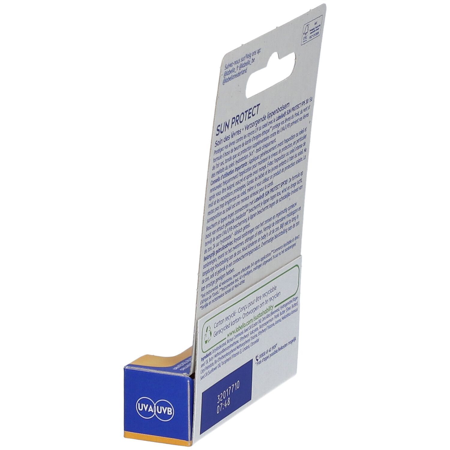 Emballage Labello Sun Protect SPF30, vue de trois quarts arrière.