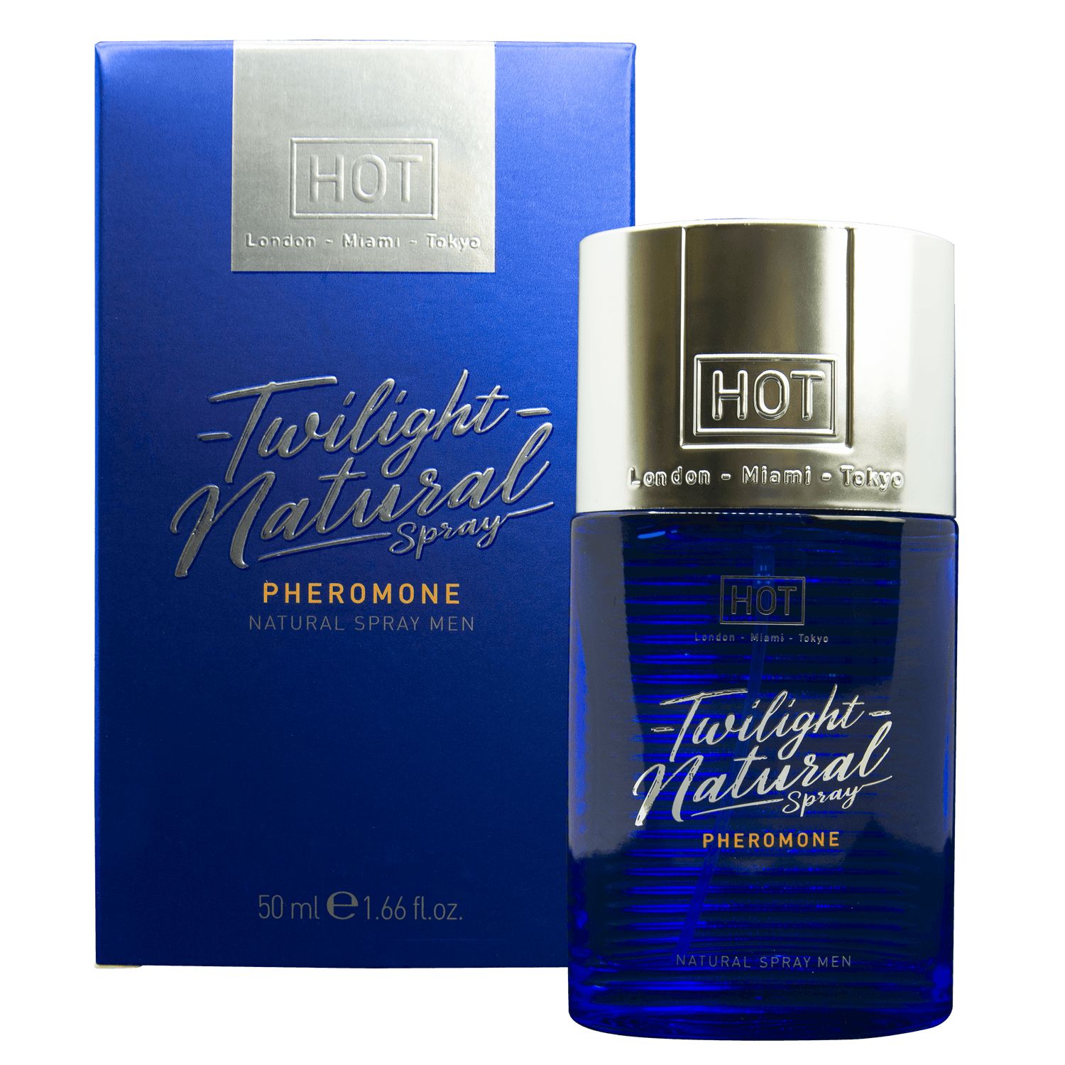 Twilight Natural Spray voor mannen, feromoon spray in blauwe fles met zilveren dop en doos.