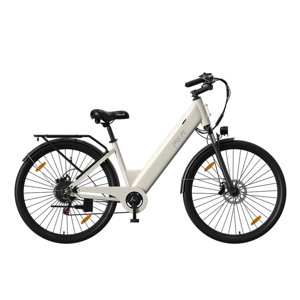 Vélo électrique urbain crème. Pneus et détails noirs. Logo PIXAR sur le cadre. Porte-bagages et garde-boue.