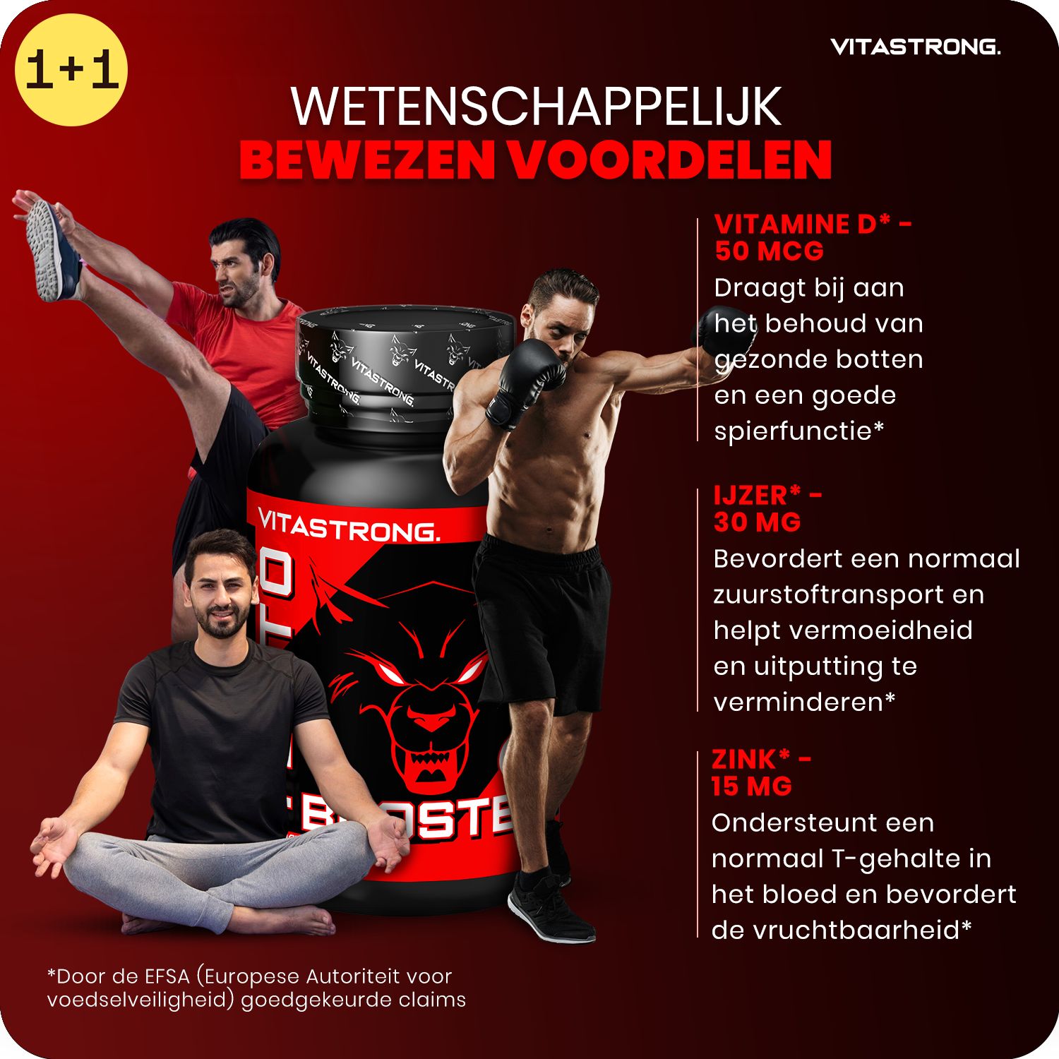 Mannen in verschillende poses. Tekst: Wetenschappelijk bewezen voordelen. Vitamine D, IJzer, Zink. 1+1 aanbieding.