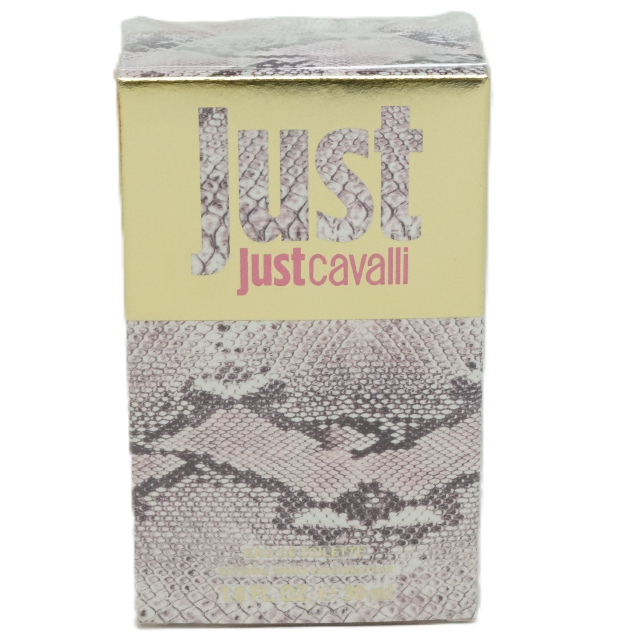 Emballage avec inscription "Just Justcavalli". Fond jaune, motif serpent et nom du produit.