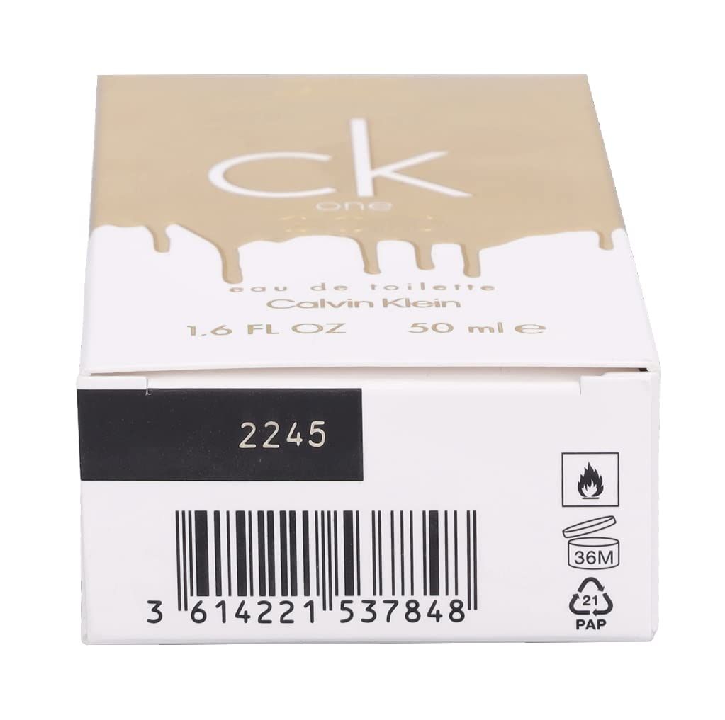 Verpakking met "ck one"-tekst en druipontwerp. Opschrift "eau de toilette", "Calvin Klein", 1.6 FL OZ en 50 ml. Barcode en symbolen.