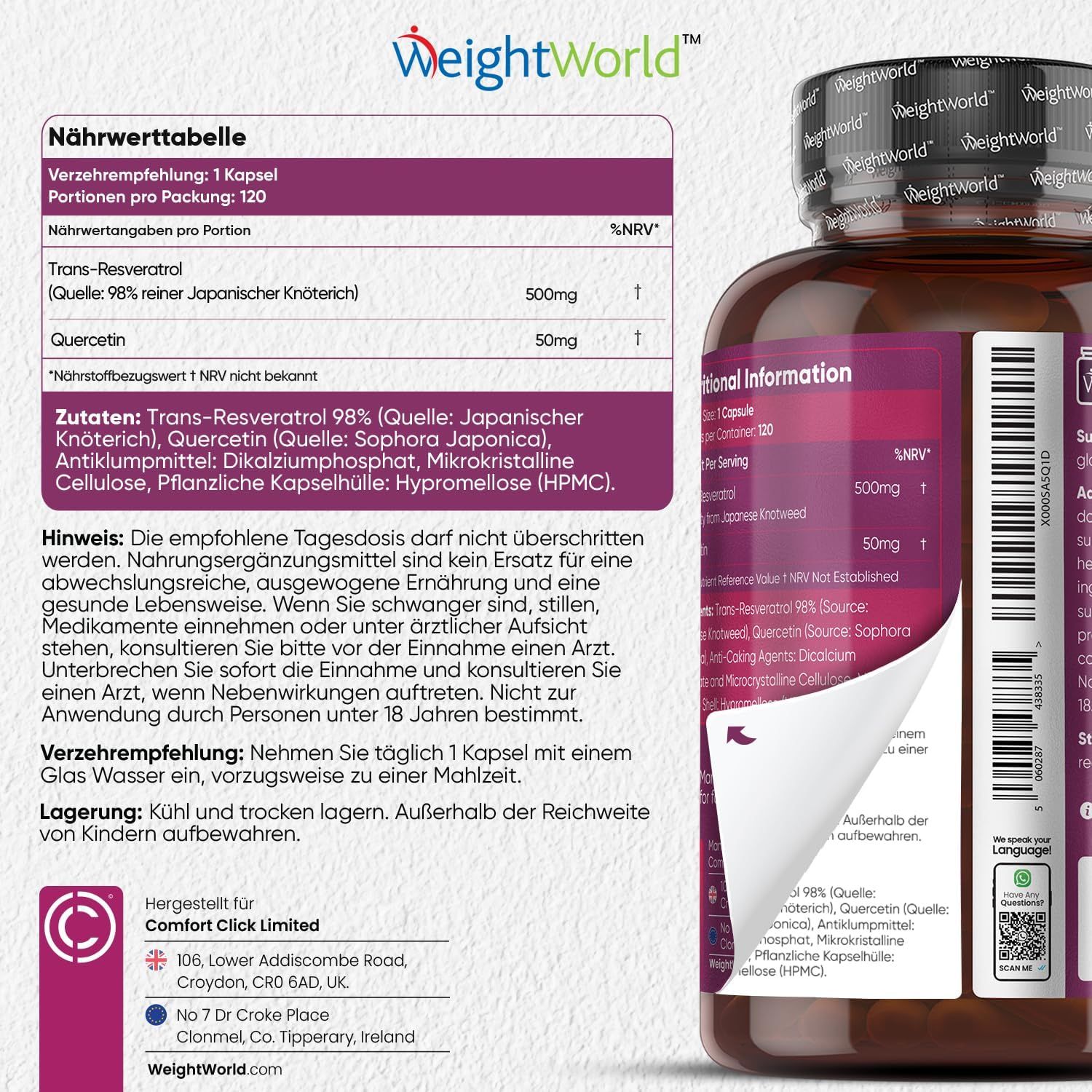 Emballage du produit avec informations. Flacon Trans-Resvératrol. Tableau nutritionnel. Adresse du fabricant. Conseils d'utilisation.