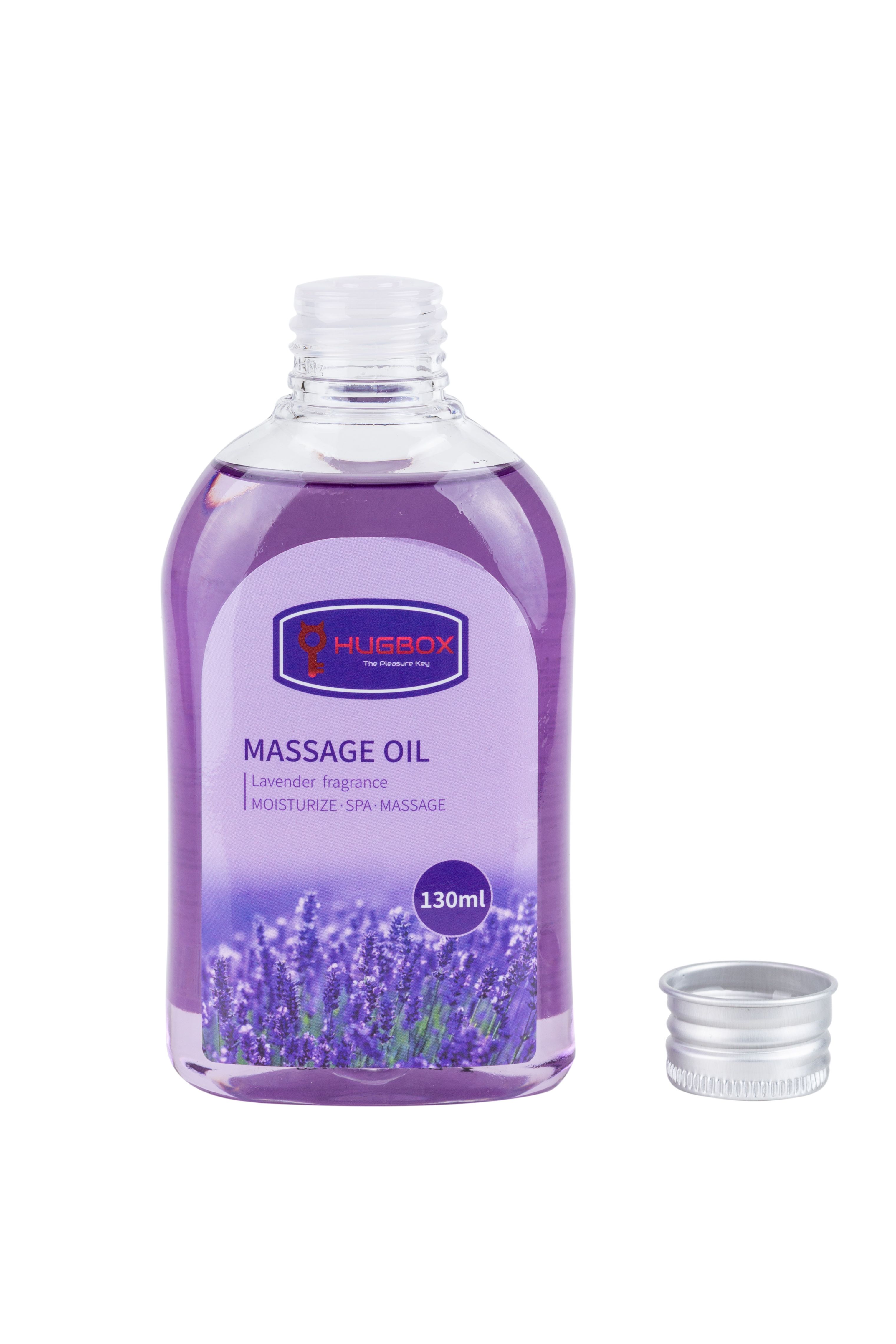 Fles HUGBOX massageolie, lavendelgeur. Paarse vloeistof, zilveren dop ernaast. Tekst: 130ml.